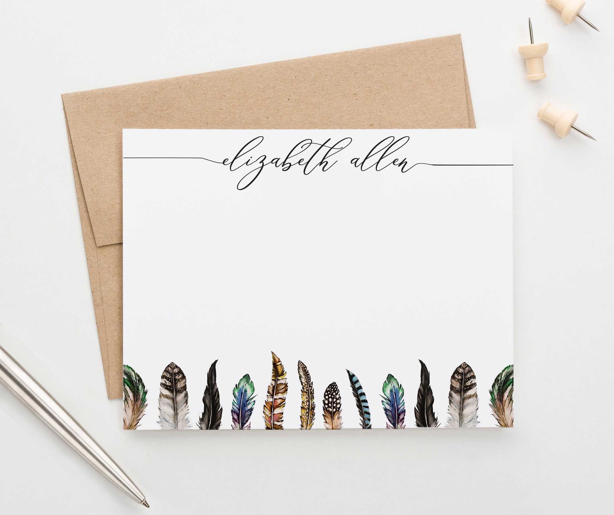 PS100 modern feathers personalized stationery gift set women feather brown 1