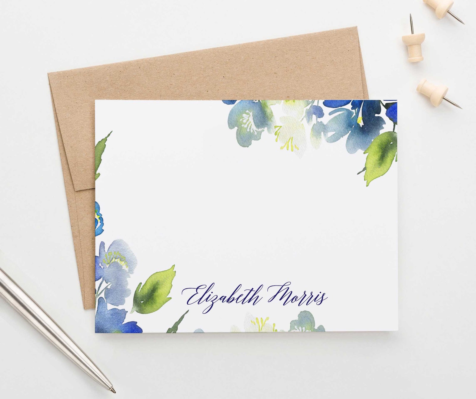 PS105 blue greenery personalized stationery set women elegant watercolor 1