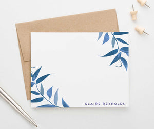 PS106 blue greenery leaves personalized stationery for women adult block font elegant note card 1