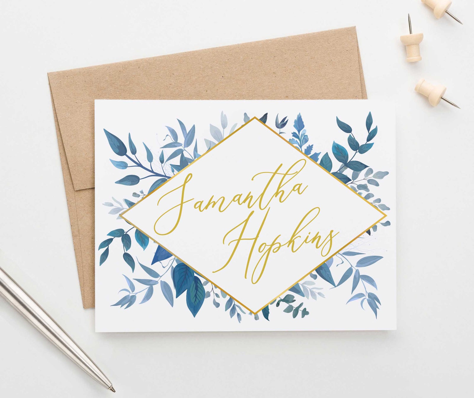 Elegant Blue Greenery Personalized Stationery With Geometric Gold Frame