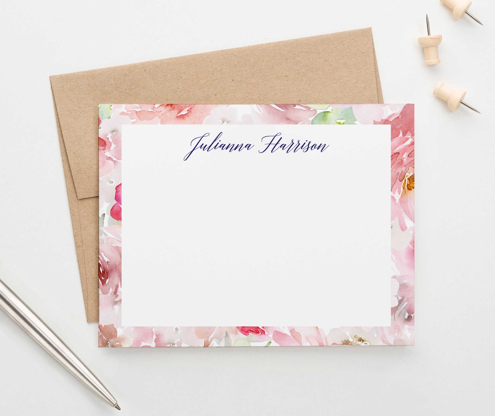 PS117 watercolor floral border personalized notecards women florals flowers pink 1