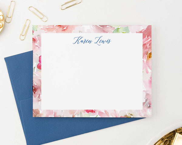 Watercolor Floral Border Personalized Notecards - Modern Pink Paper