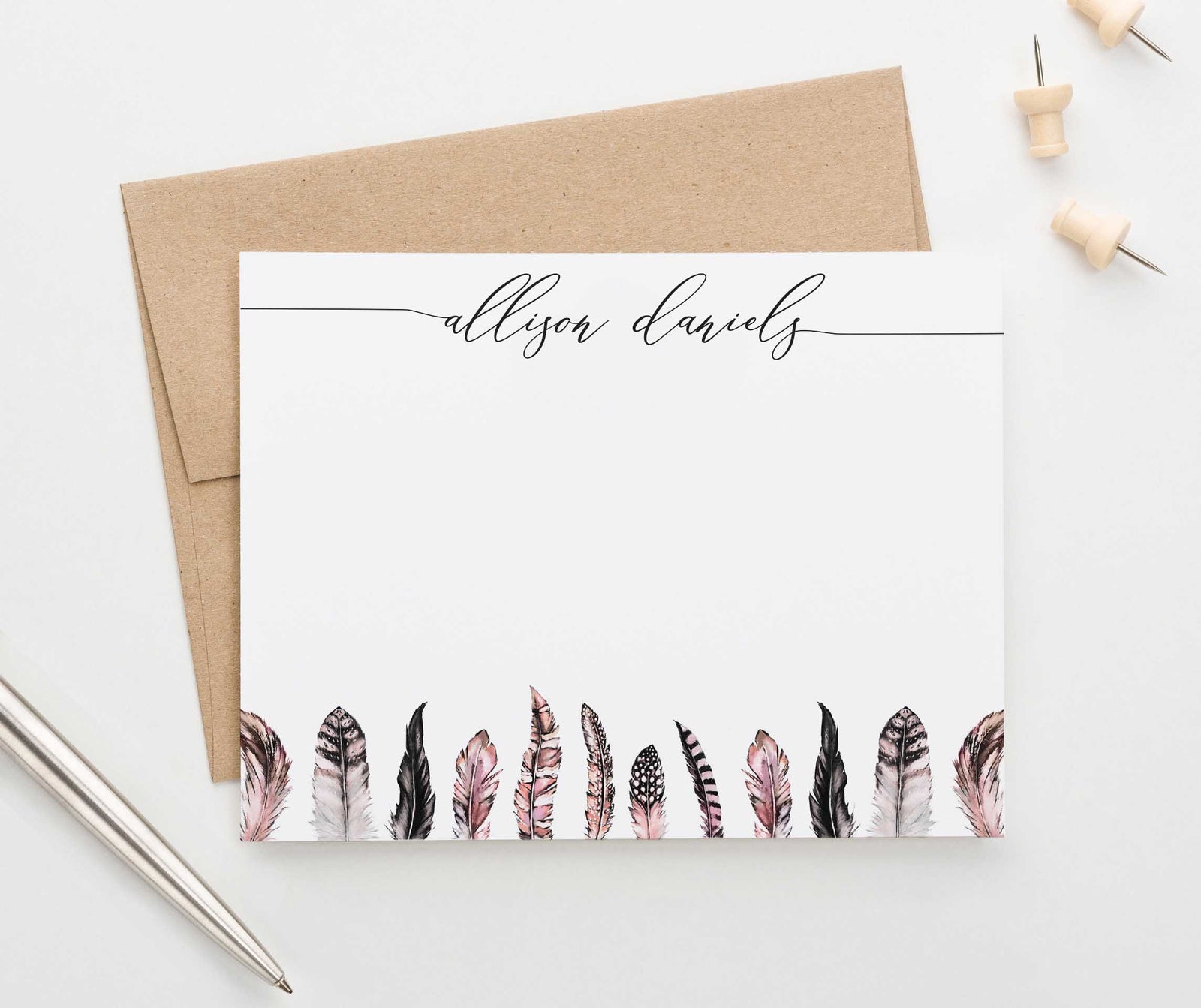 PS118 simple script personalized notecards with pink feathers feather women boho bohemian 1