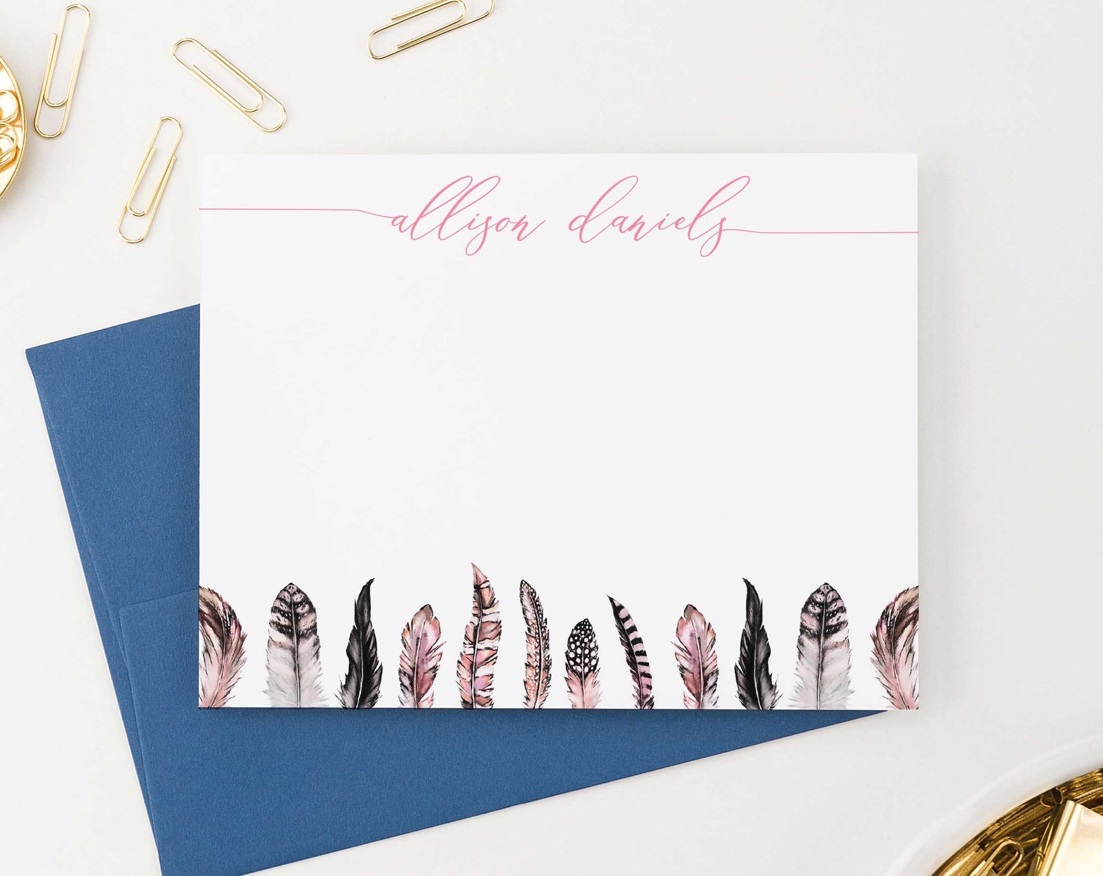 PS118 simple script personalized notecards with pink feathers feather women boho bohemian 1