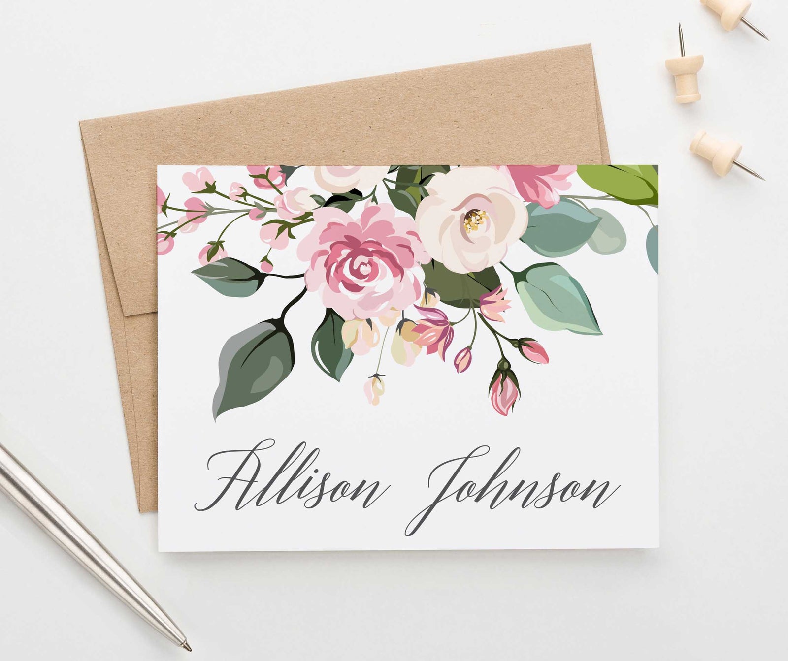 Folded Personalized Stationery with Blush Pink Florals