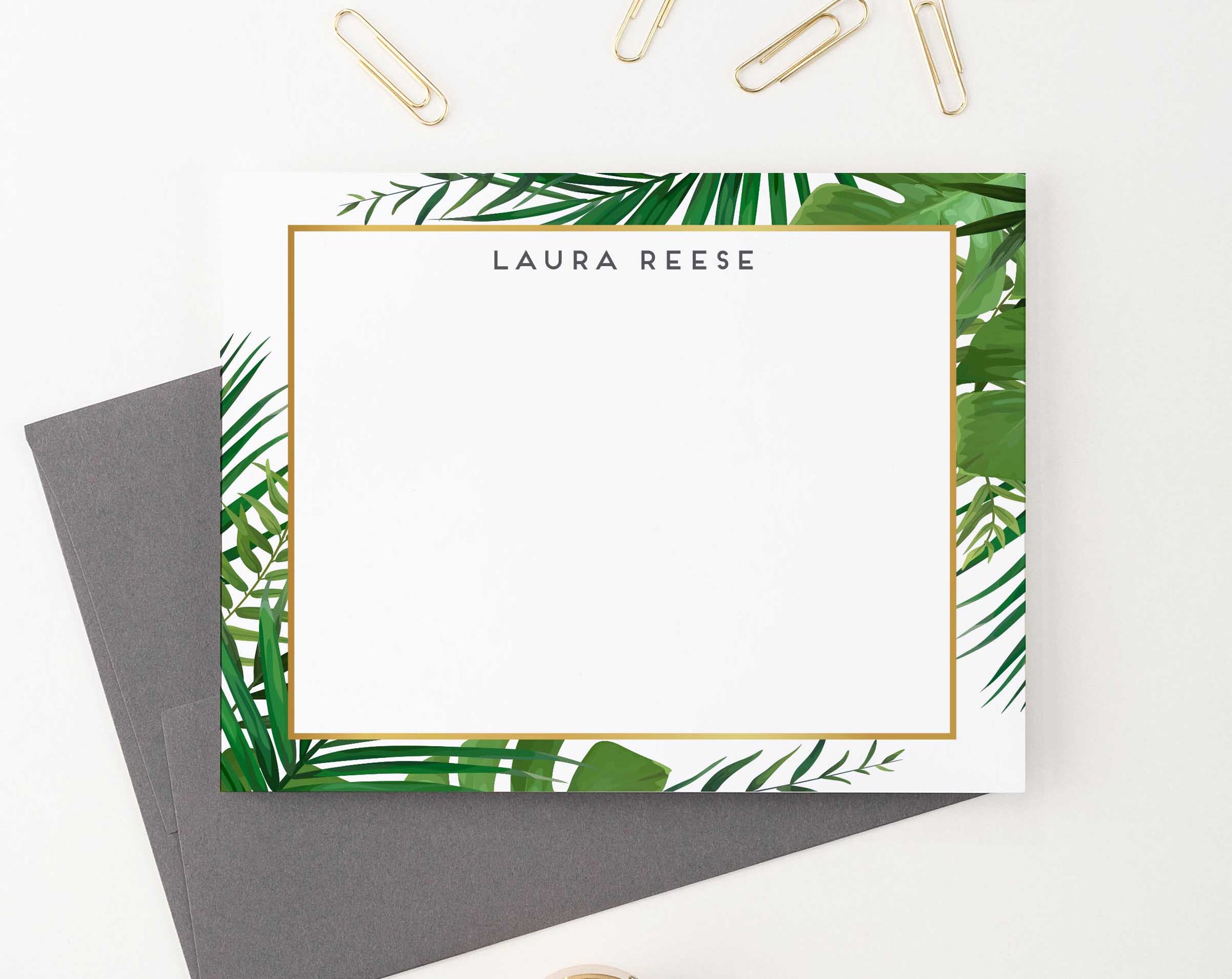 PS121 palm tree greenery border personalized thank you note cards women men elegant stationery 1