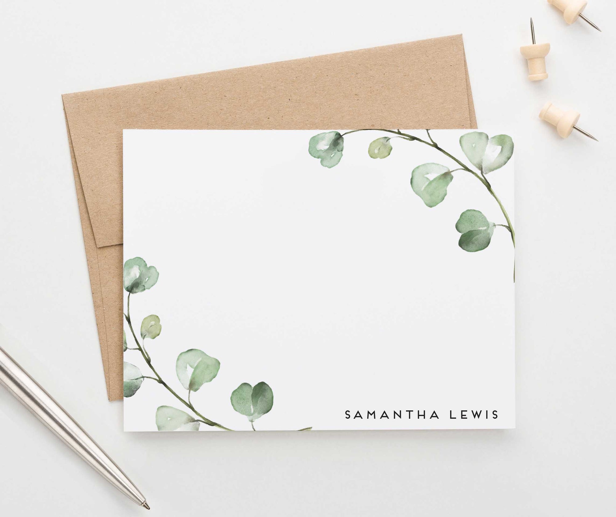 PS126 watercolor greenery personalized stationery sets adults elegant green branches 2