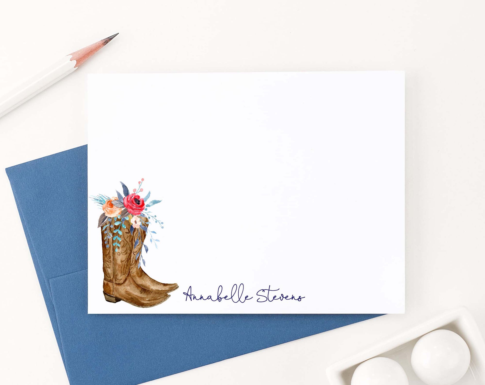PS133 floral cowboy boots stationary personalized for women western script font