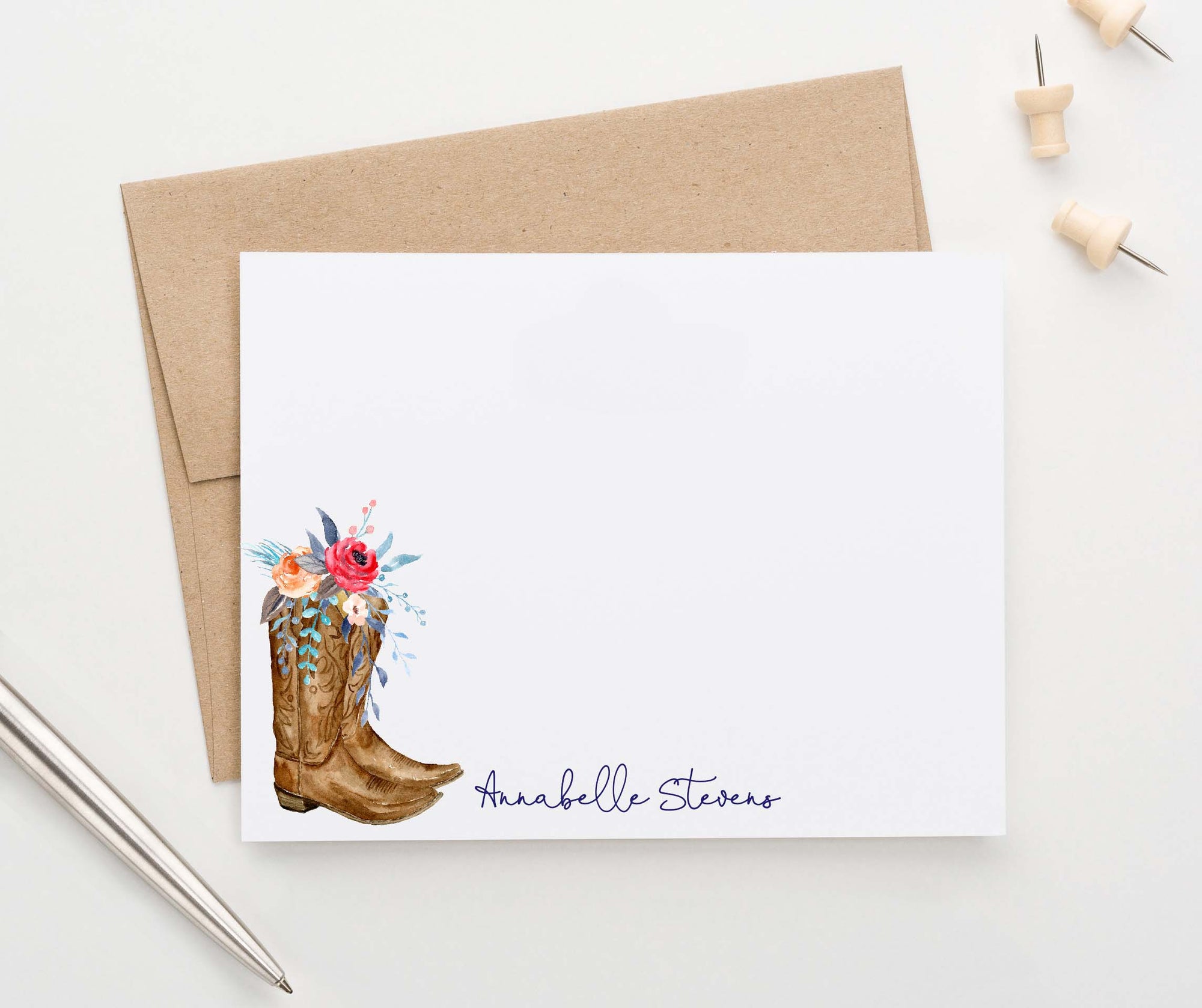 PS133 floral cowboy boots stationary personalized for women western script font