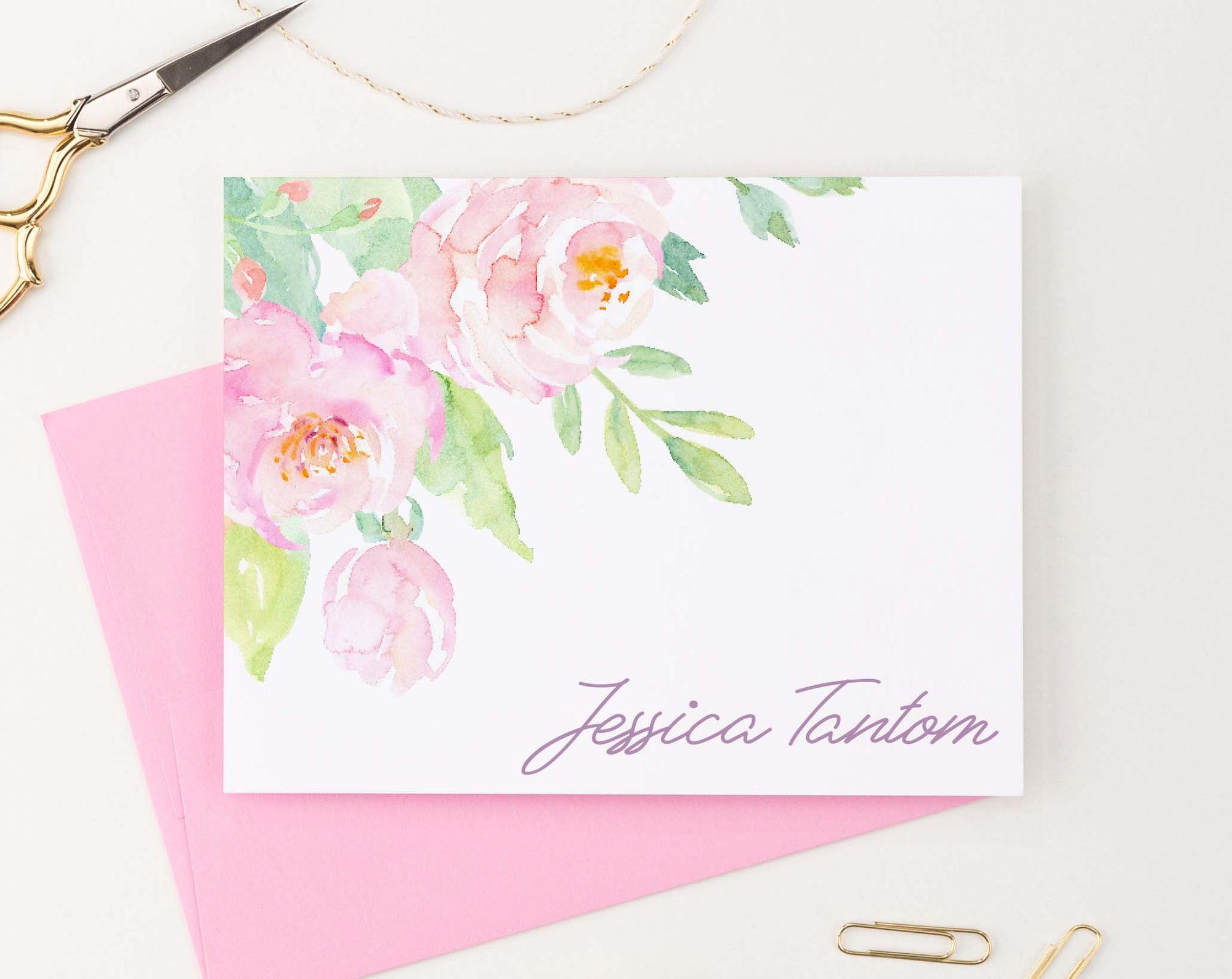 PS137 folded pink water color floral corner stationary personalized set watercolor elegant women 2