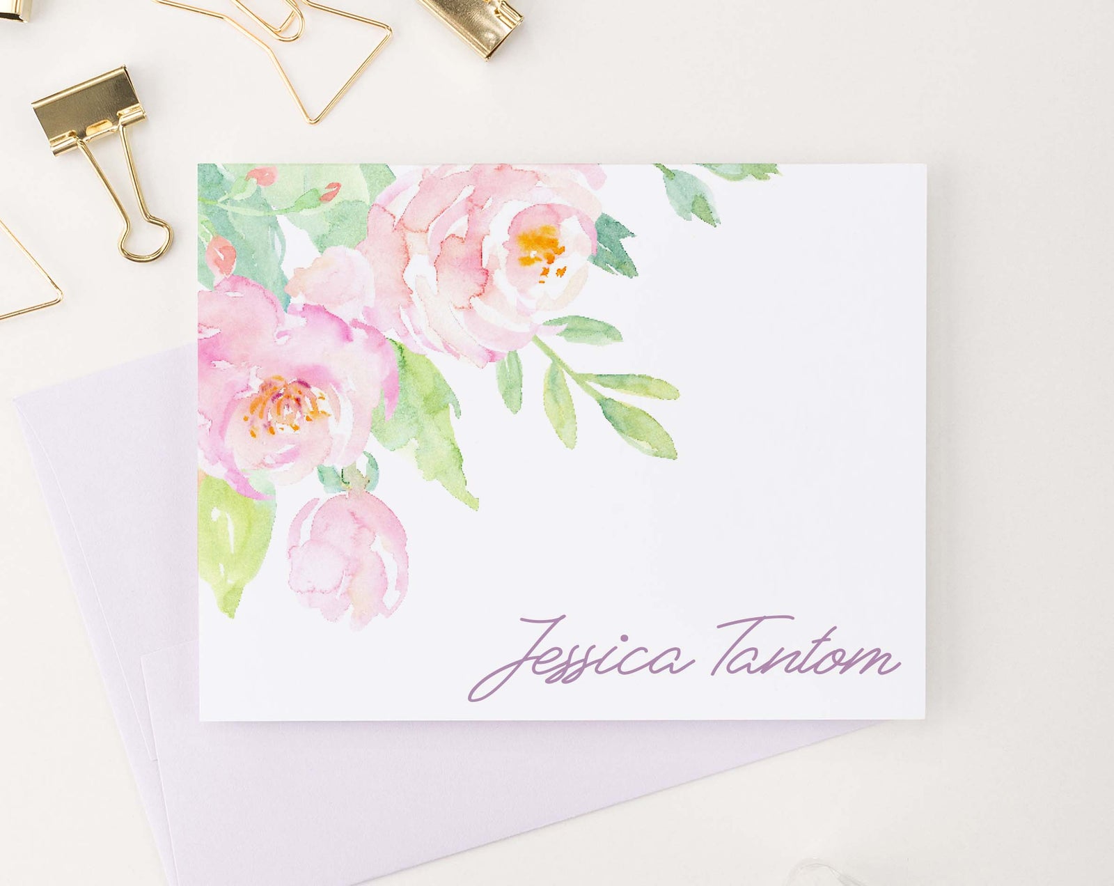 PS137 folded pink water color floral corner stationary personalized set watercolor elegant women 2