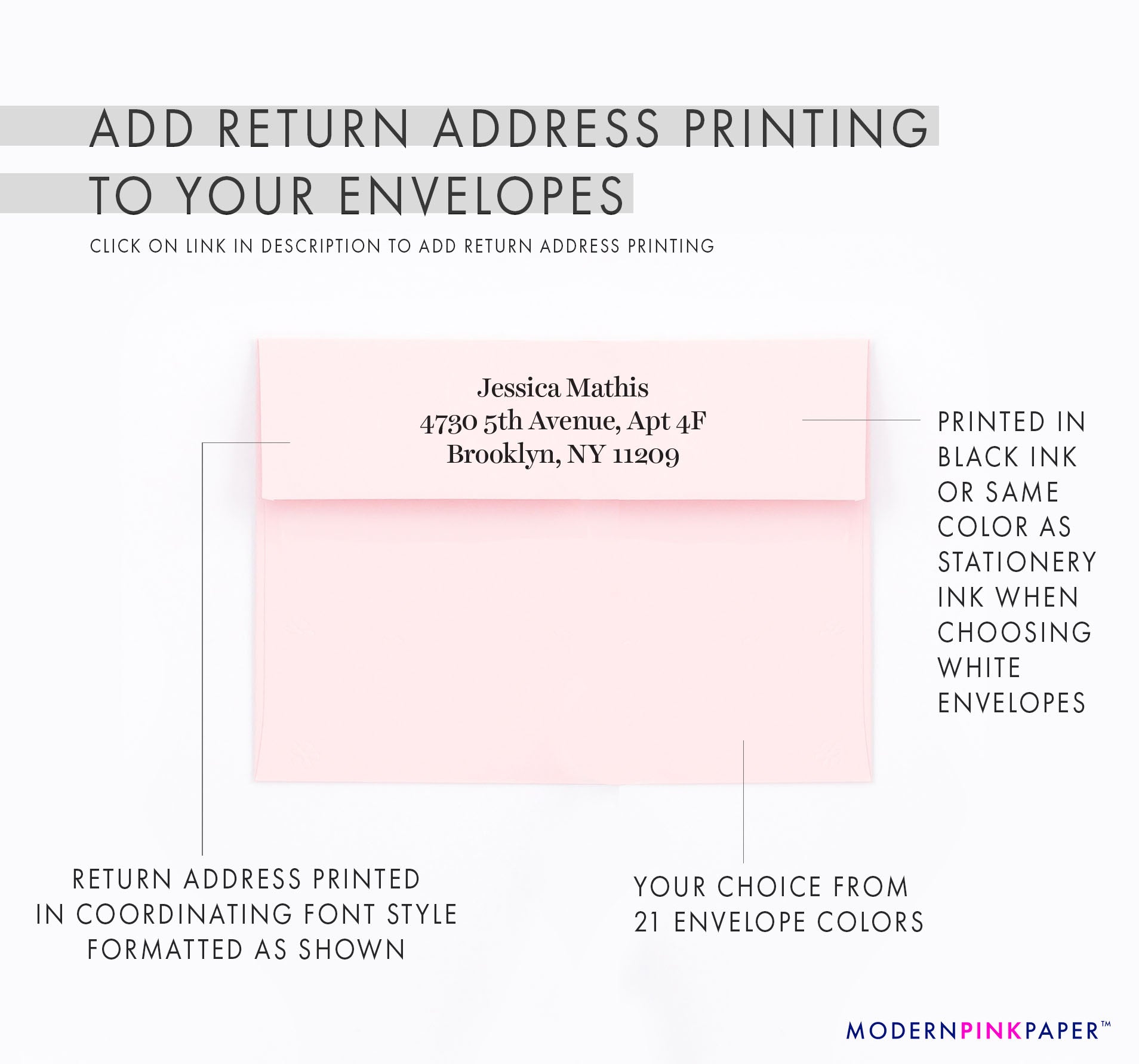 Note Card Address Format Classic Block Font Personalized Notecards for Business - Modern Pink Paper