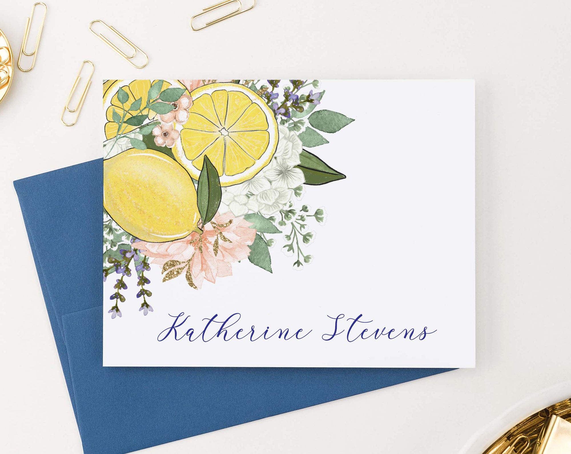 PS144 womens personalized lemon with florals folded stationery note cards