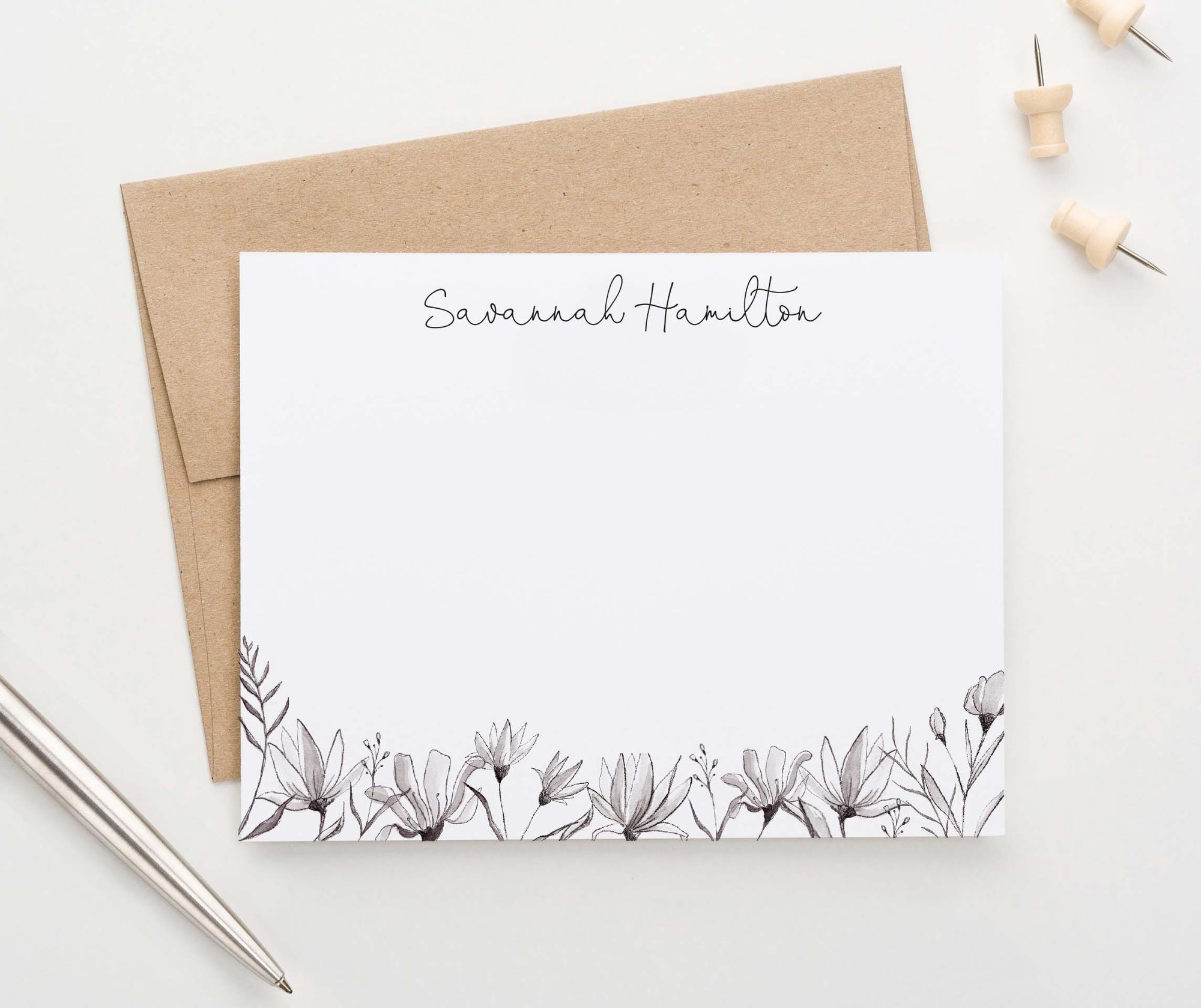 PS148 classy black and white florals personalized stationery classic simple elegant set 1st photo