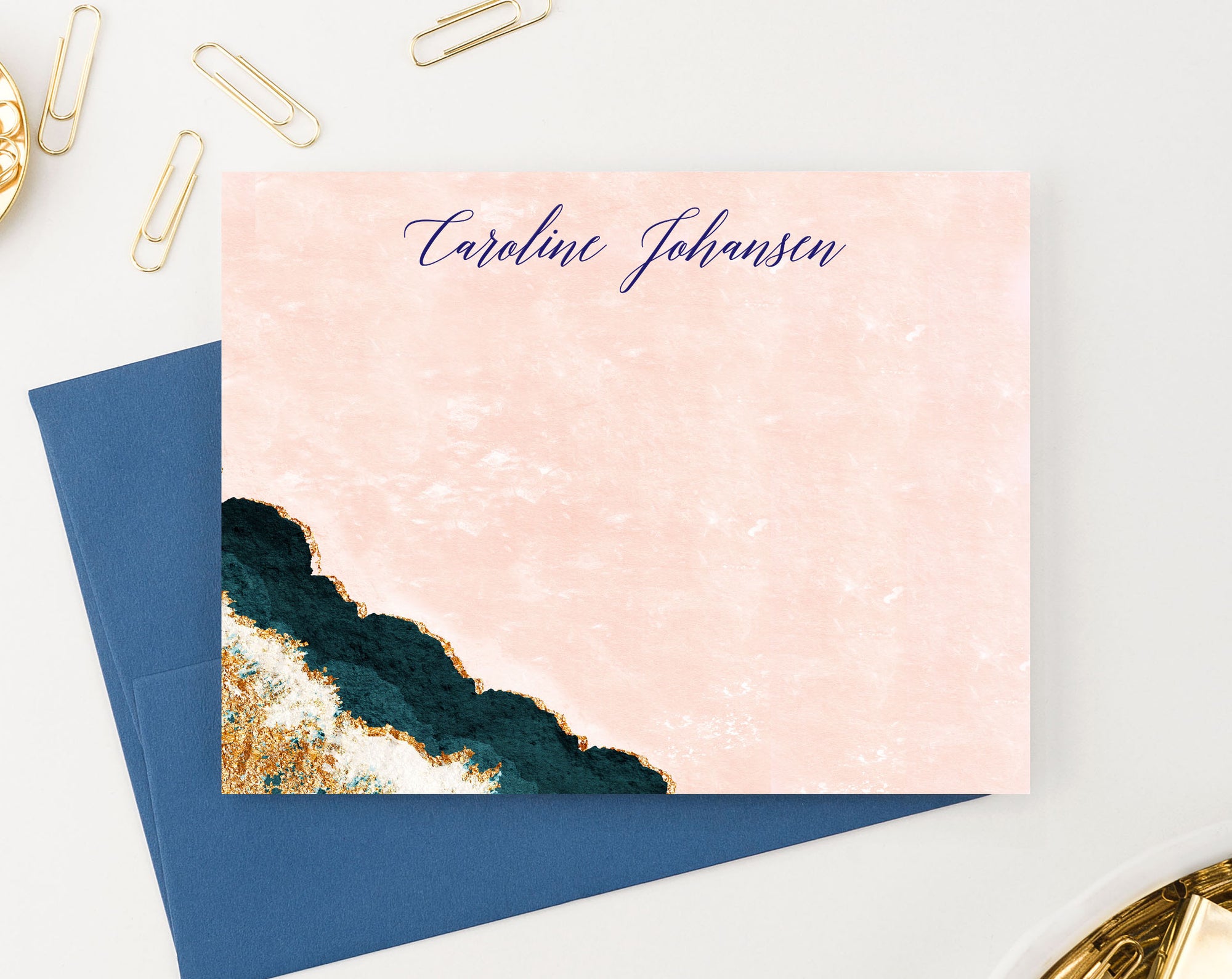 PS149 Personalized blue agate bottom corner flat stationary watercolor pink