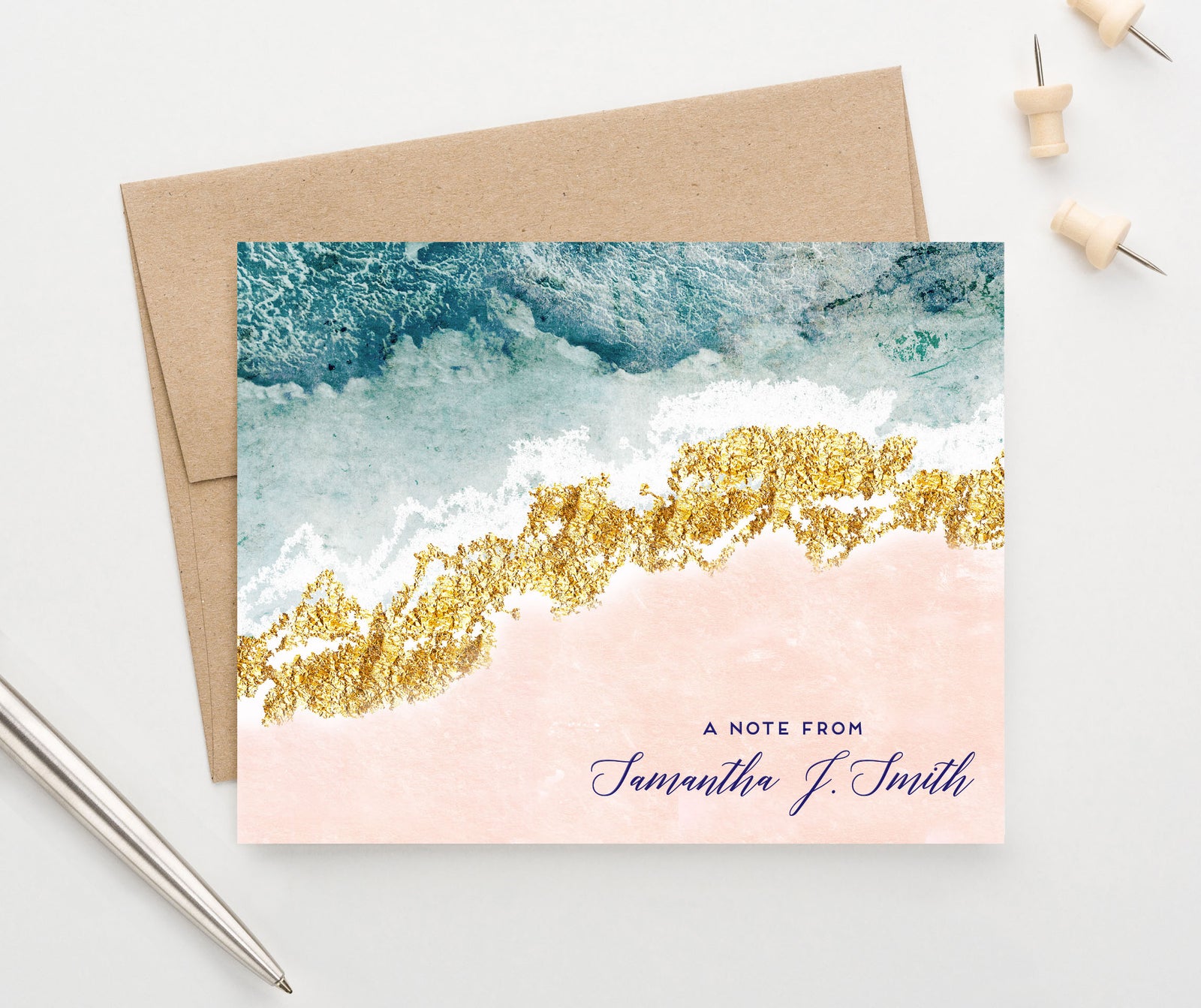 PS150 Personalized A note From Blue Agate Folded Stationary Set elegant blue pink gold 2