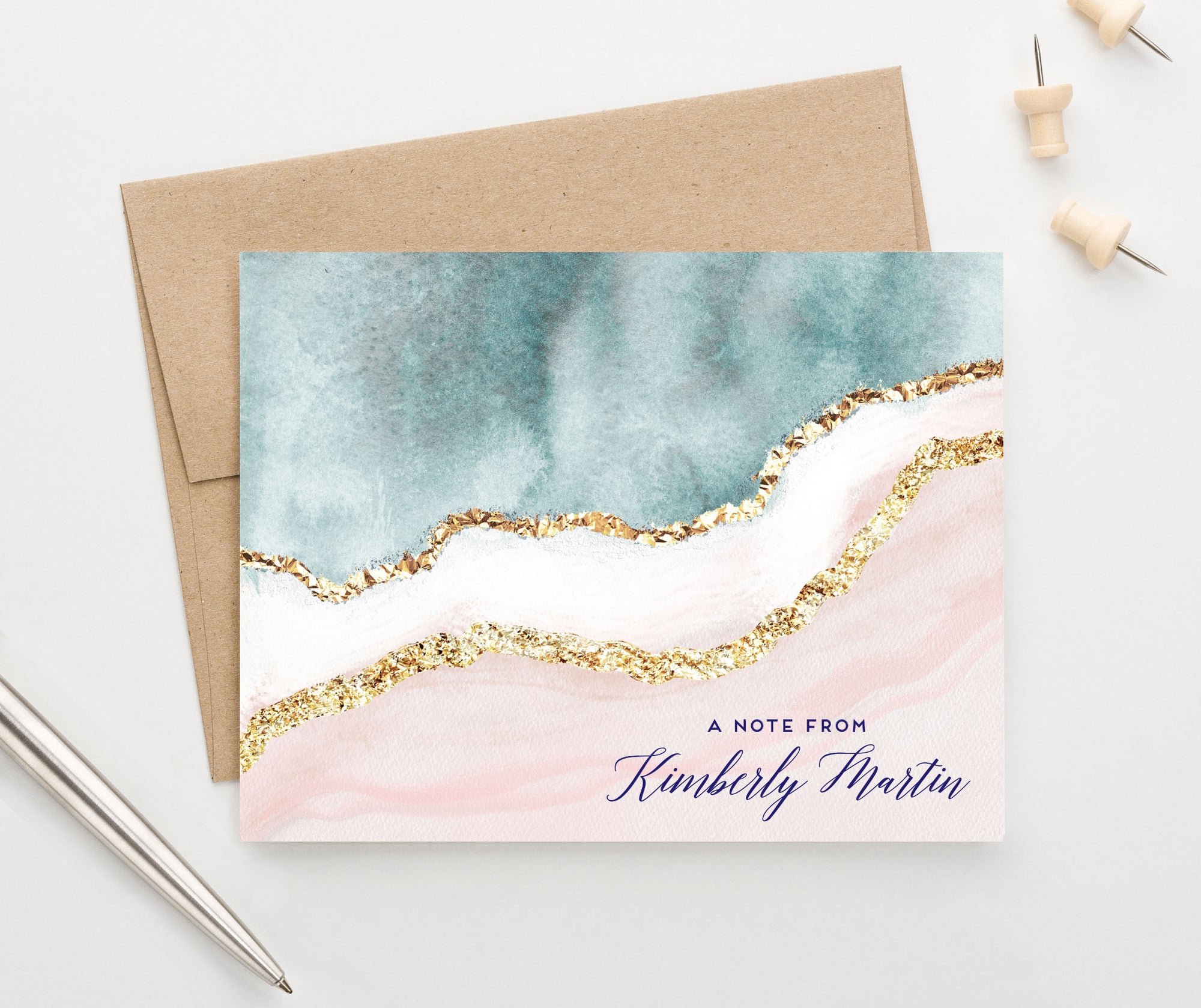 PS151 Elegant Blue and Gold Personalized Folded Note Cards pink a note from 3