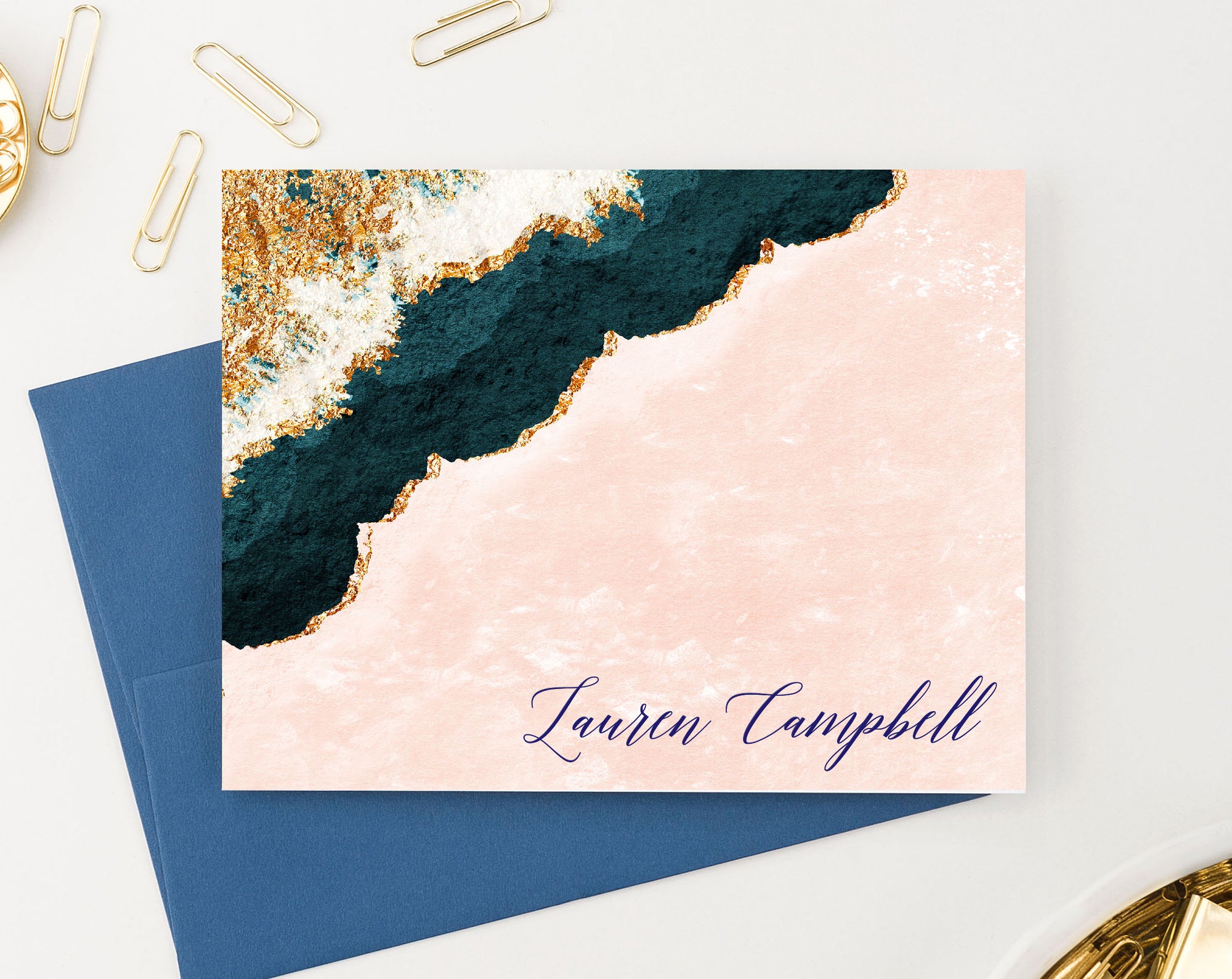 PS153 Personalized Folded Blue and Gold Agate Notecards for Adults pink elegant script