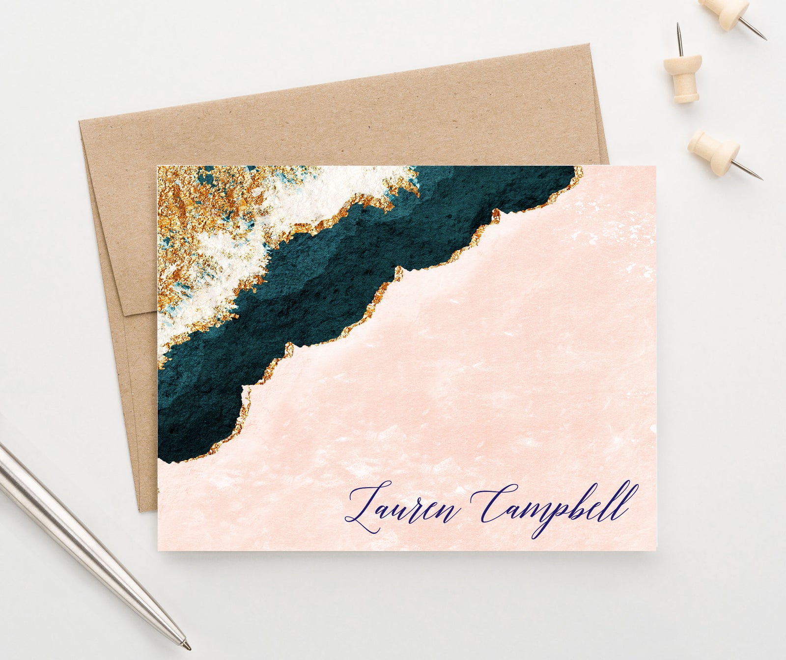 PS153 Personalized Folded Blue and Gold Agate Notecards for Adults pink elegant script