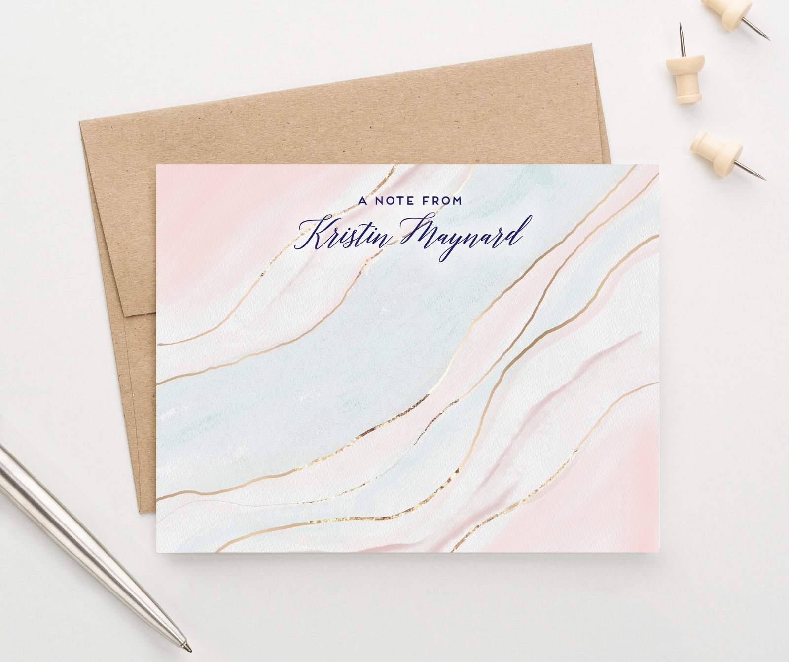 PS155 Marbled pink and blue agate note card set gold a note from 1