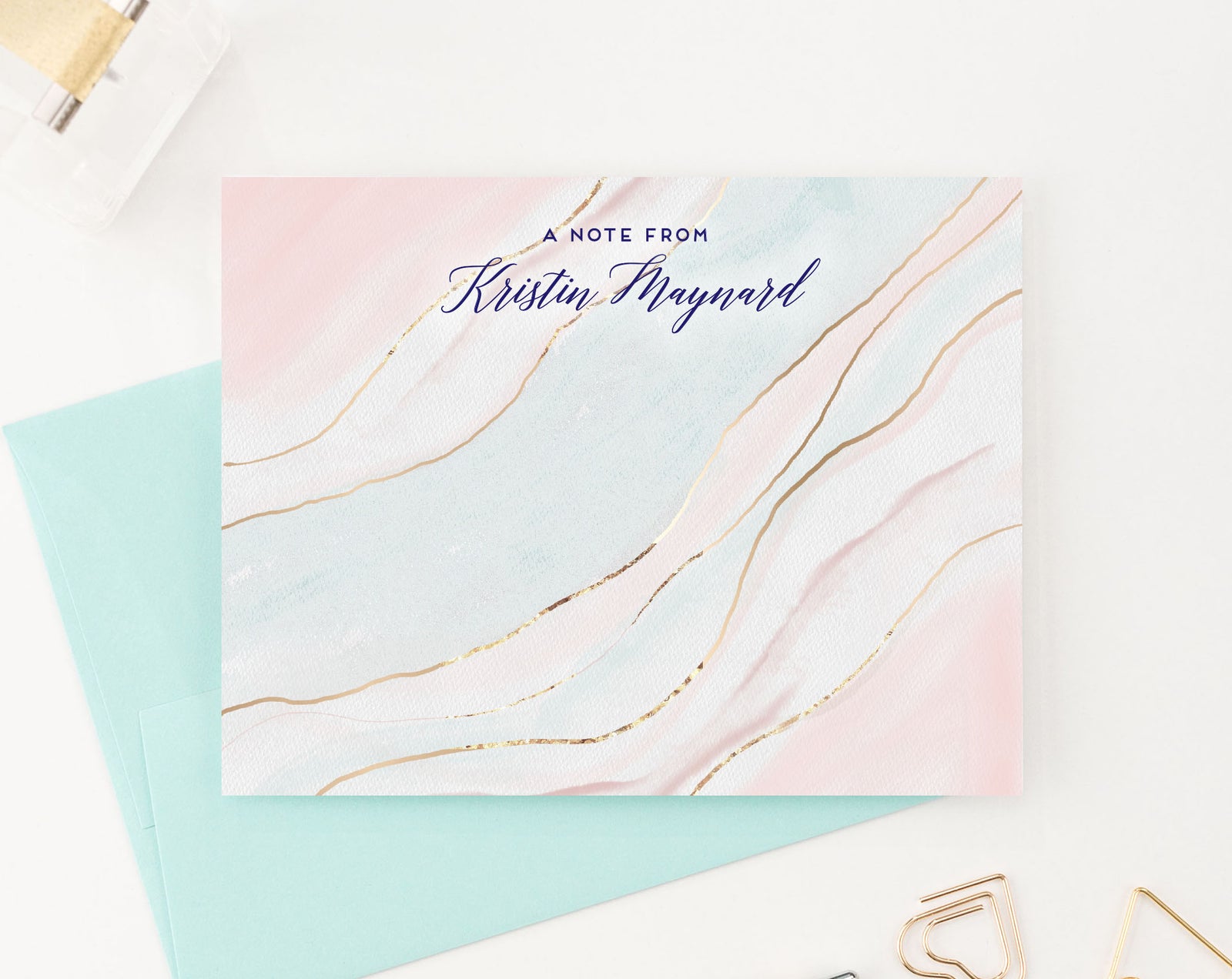PS155 Marbled pink and blue agate note card set gold a note from 1