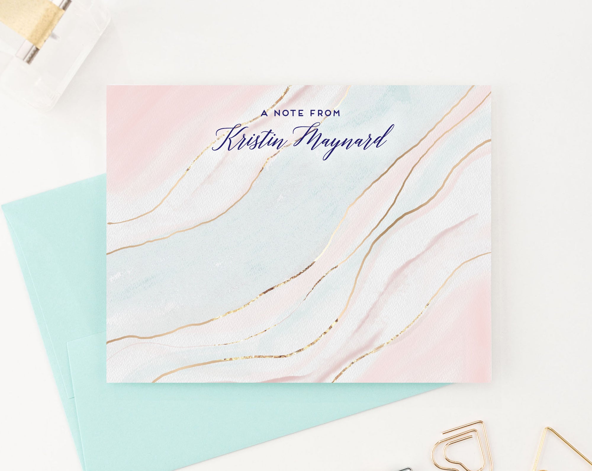 PS155 Marbled pink and blue agate note card set gold a note from 1