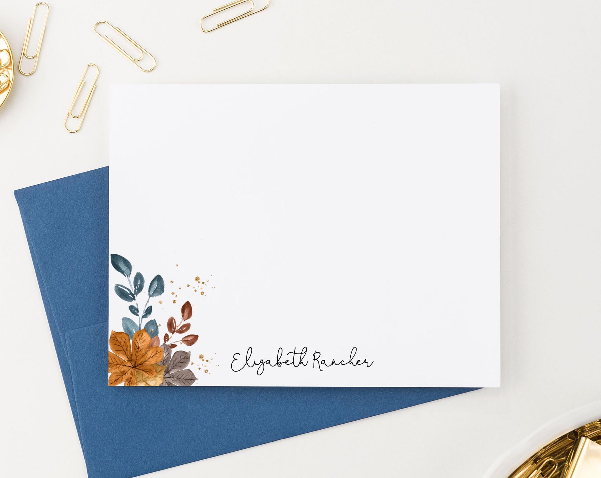 PS163 personalized fall leaves stationery for women autumn blue brown
