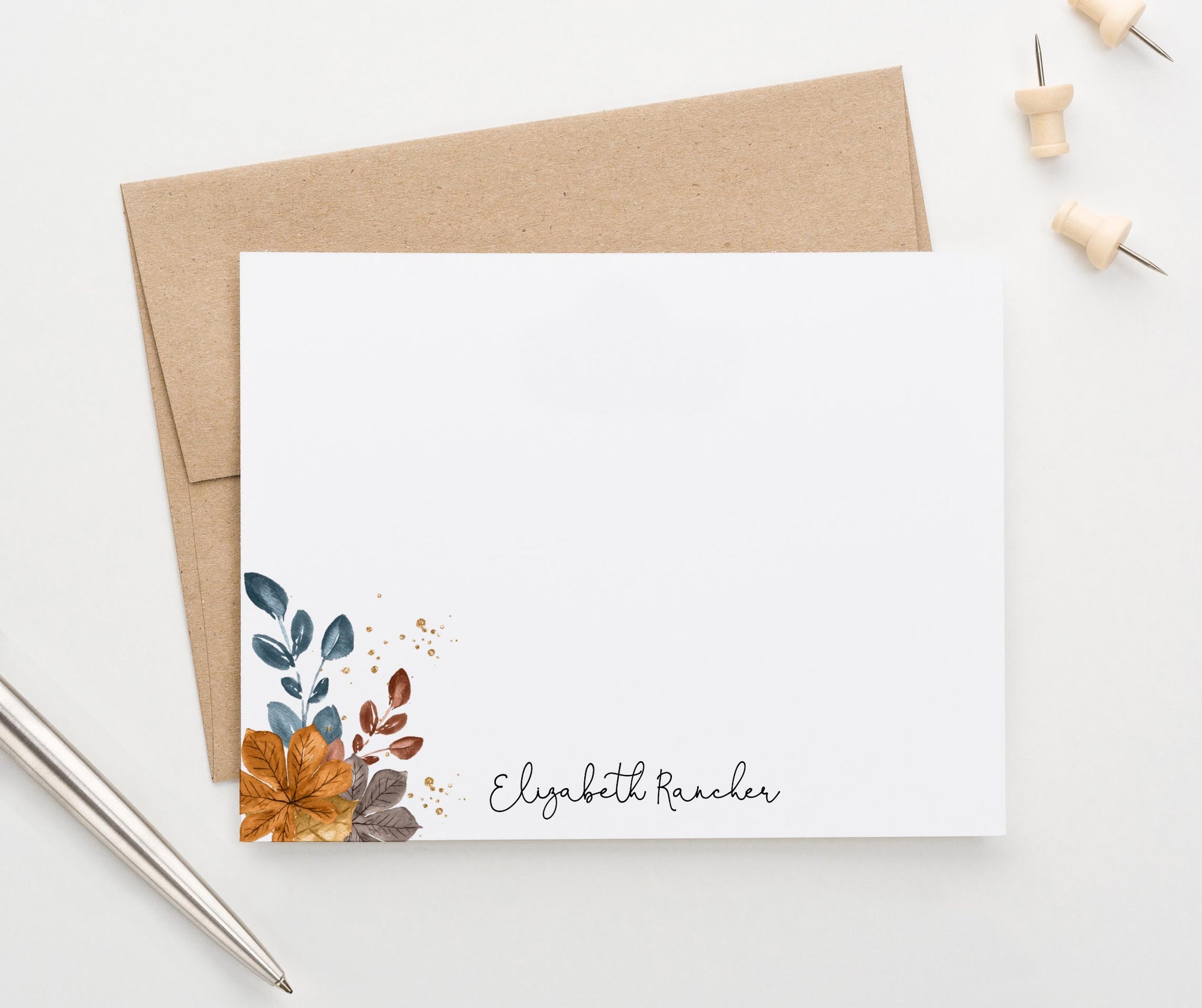 PS163 personalized fall leaves stationery for women autumn blue brown