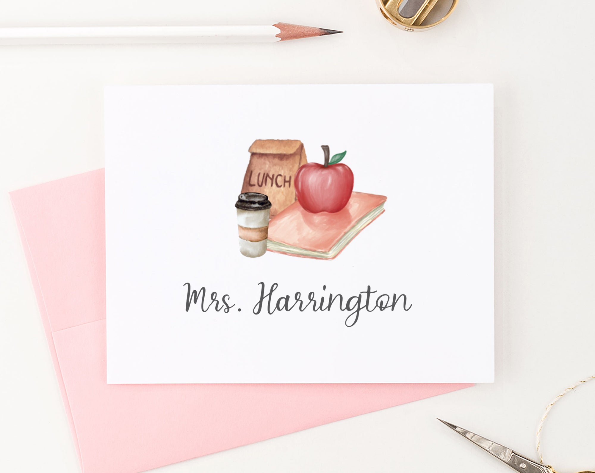 PS188 Personalized Teacher Folded Note Cards with Apple stationery stationary sweet elegant