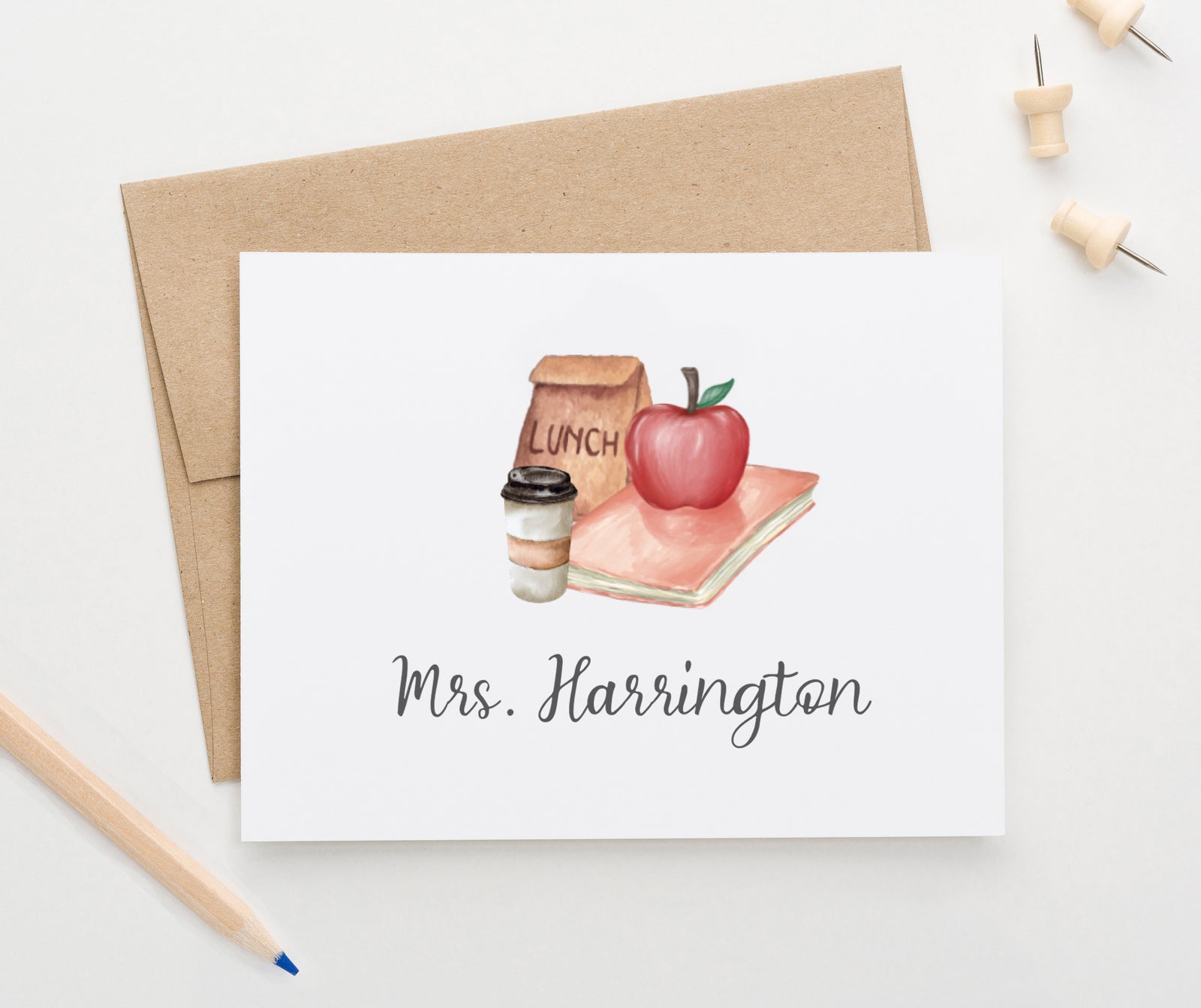 PS188 Personalized Teacher Folded Note Cards with Apple stationery stationary sweet elegant