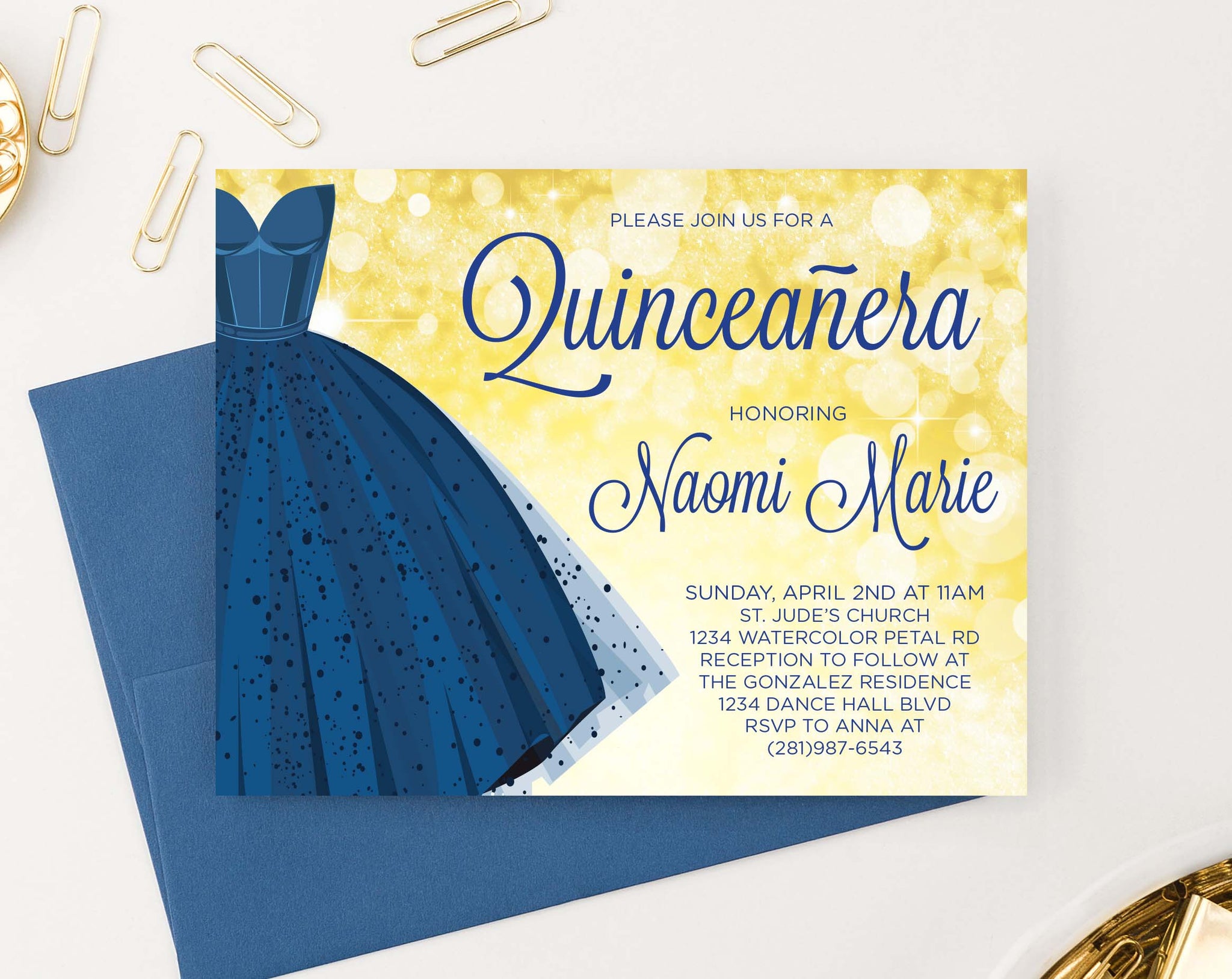 Elegant Blue Dress Quinceanera Invitations With Gold Personalized - Modern  Pink Paper
