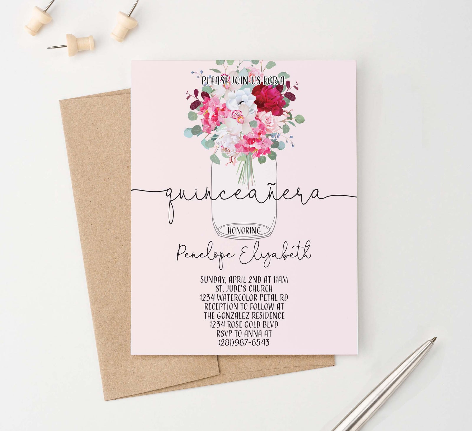 QI010 rustic mason jar quinceanera invite with florals elegant modern