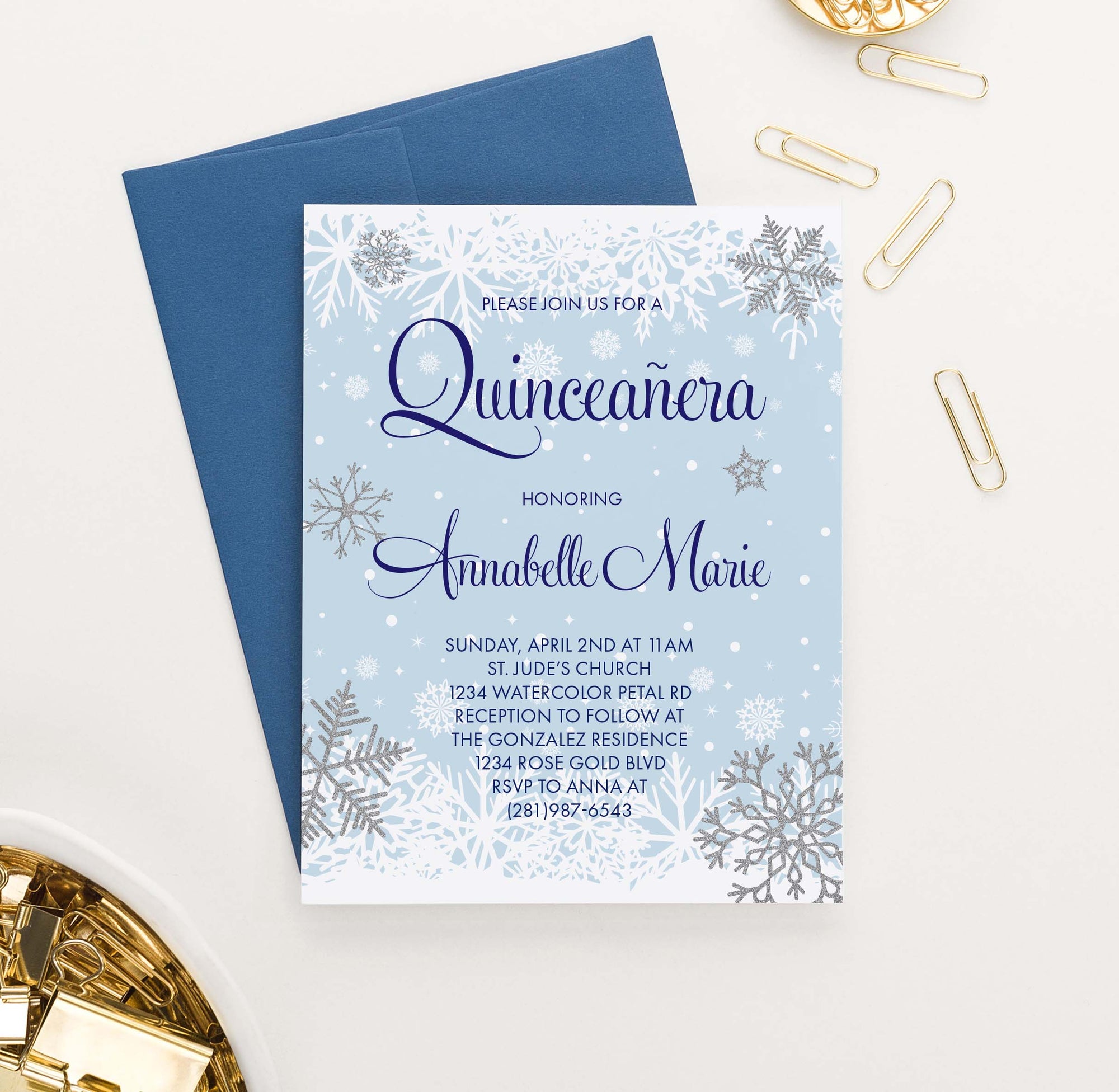 QI022 snowflake quinceanera invitation personalized winter elegant