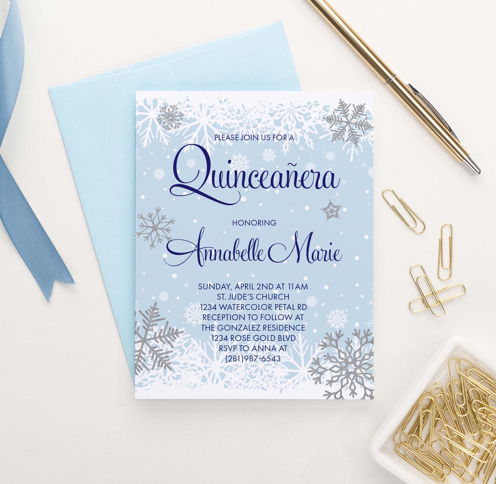 QI022 snowflake quinceanera invitation personalized winter elegant