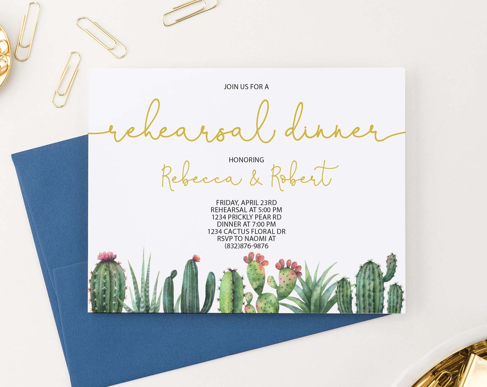 RDI019 personalized elegant rehearsal dinner invites with cactus succulents greenery