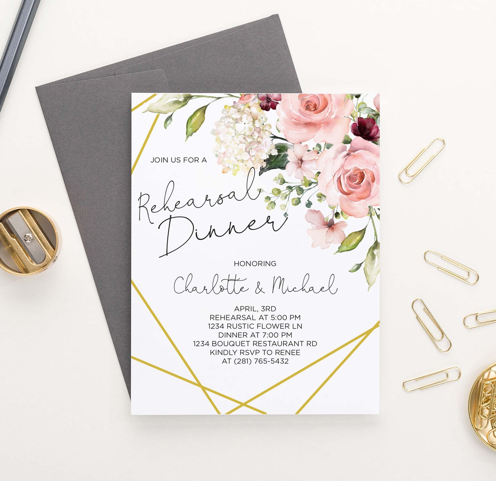 RDI025 floral corner rehearsal dinner invites with gold lines elegant florals
