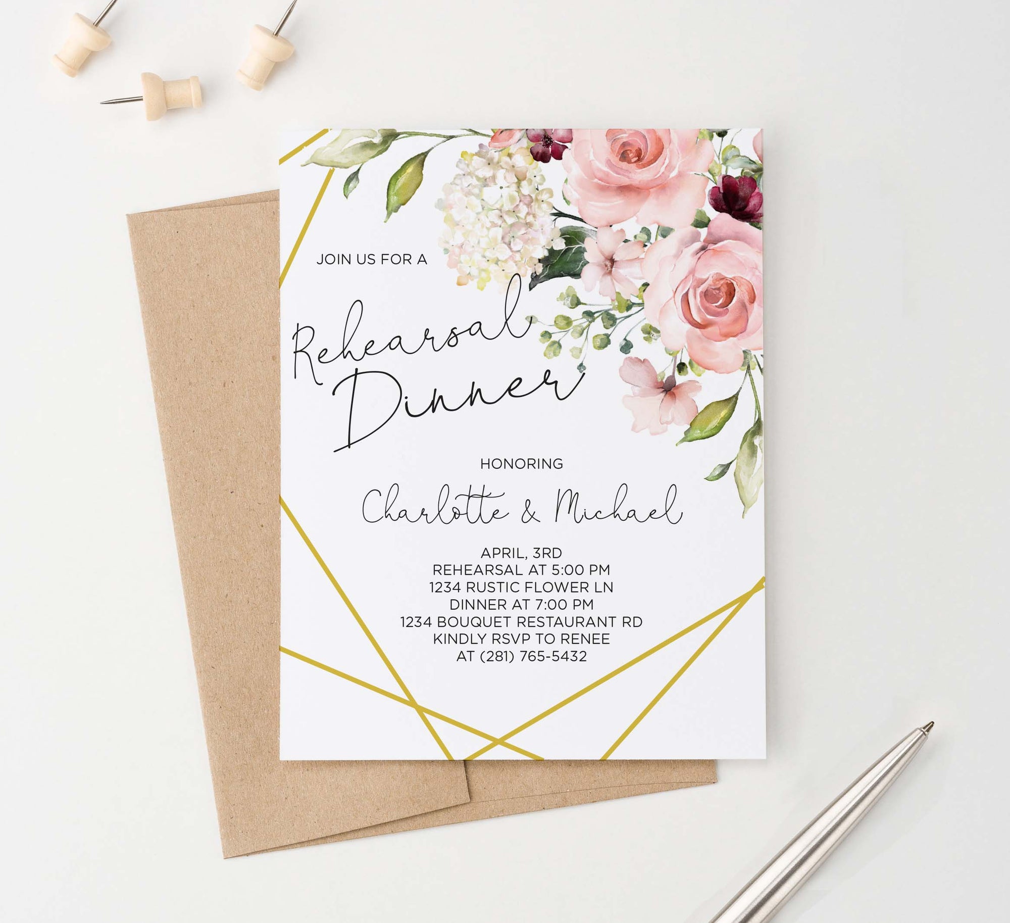 RDI025 floral corner rehearsal dinner invites with gold lines elegant florals
