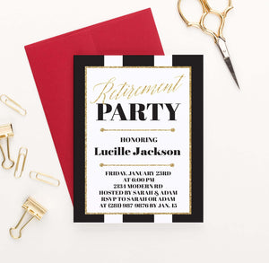 RPI001 black and gold personalized retirement party invitation elegant