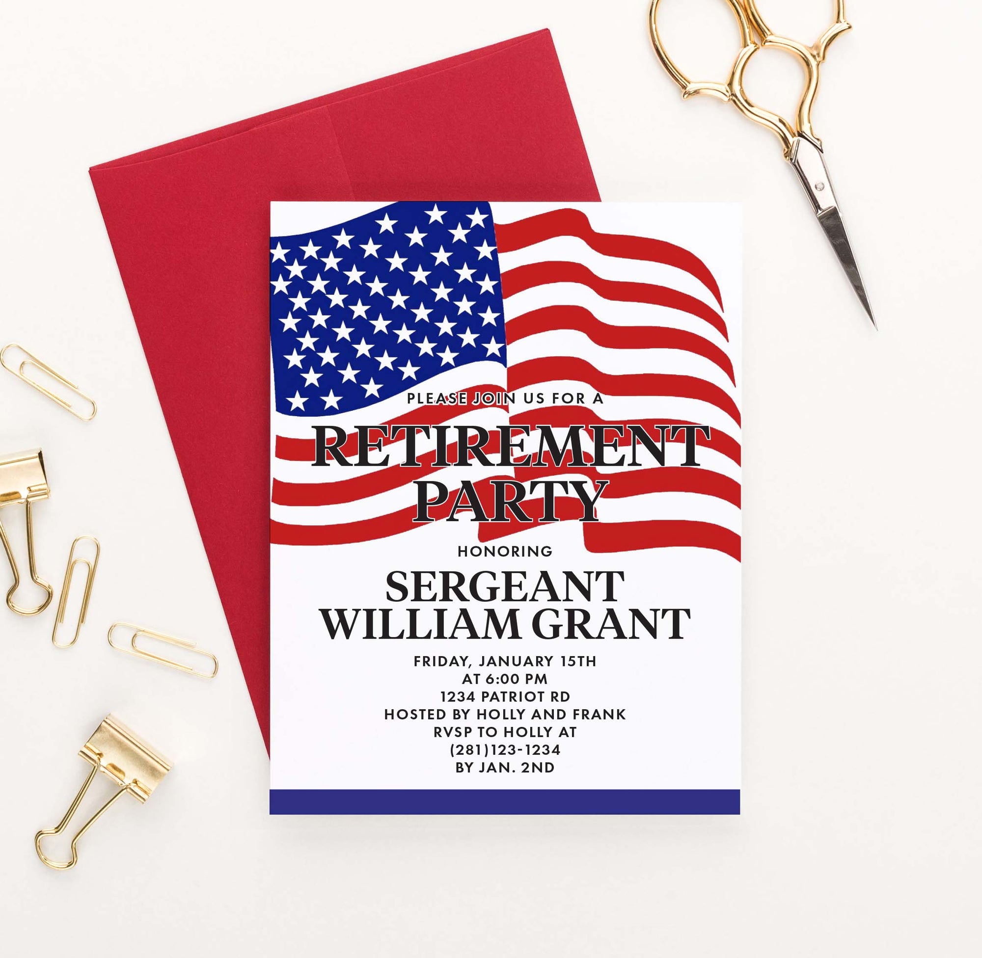 RPI022 military retirement party invitation personalized american flag 