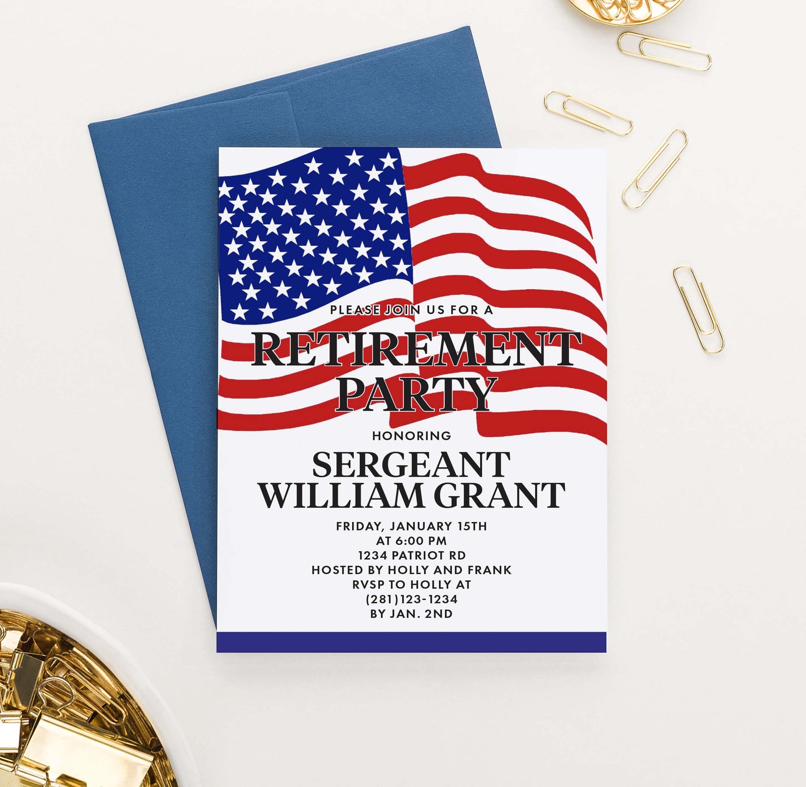 RPI022 military retirement party invitation personalized american flag 