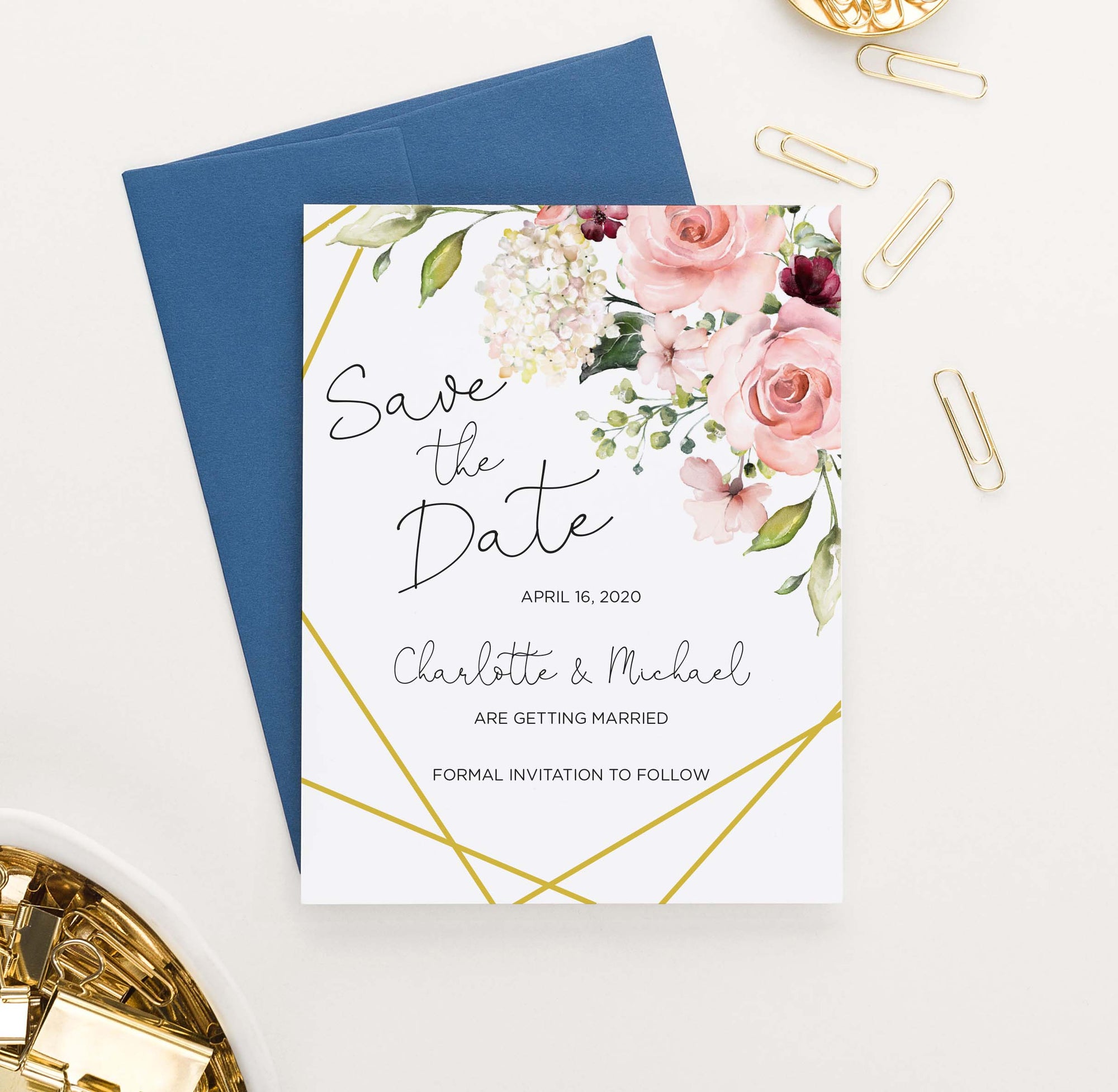 SDI038 elegant personalized save the date with floral corners gold lines