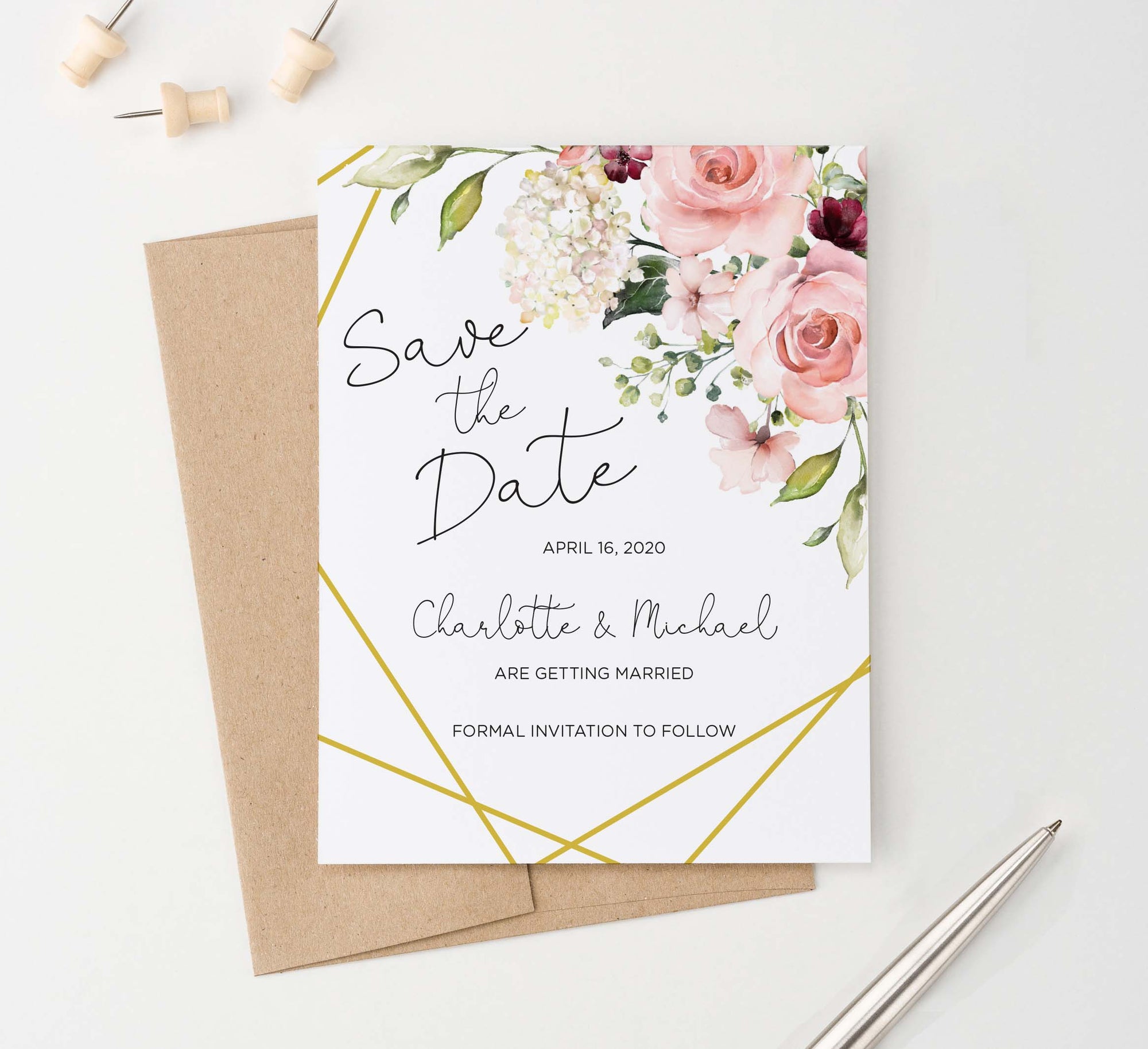 SDI038 elegant personalized save the date with floral corners gold lines