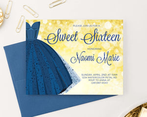 SSI003 Elegant blue dress sweet sixteen party invites personalized gold horizontal2