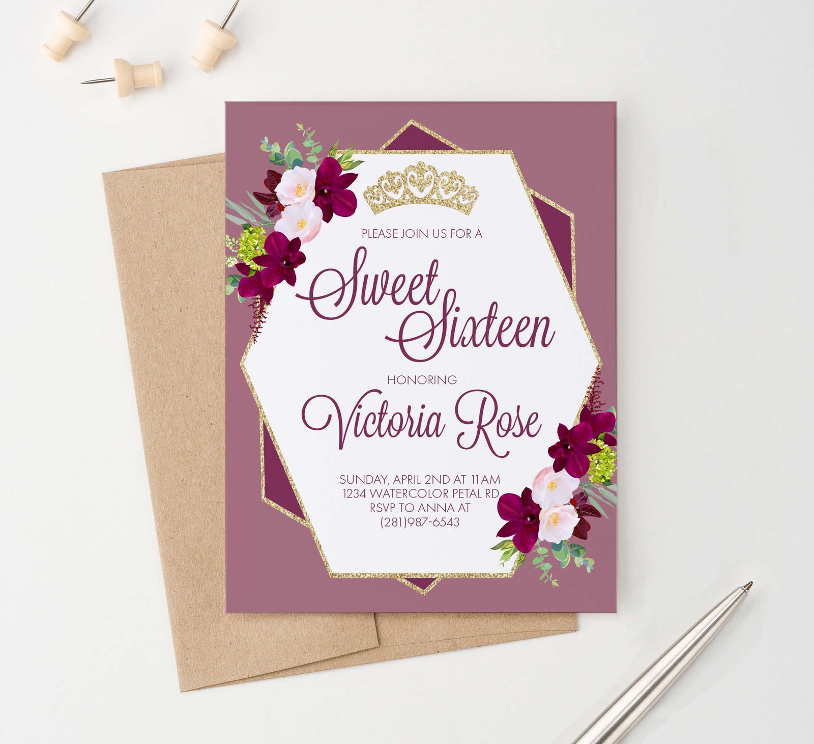 SSI006 Burgundy floral sweet sixteen party invitation set crown elegant flowers