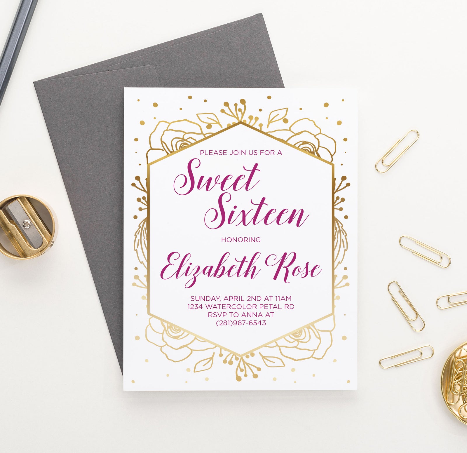 SSI009 Personalized Elegant Gold Foil Floral Sweet Sixteen Invite birthday 16