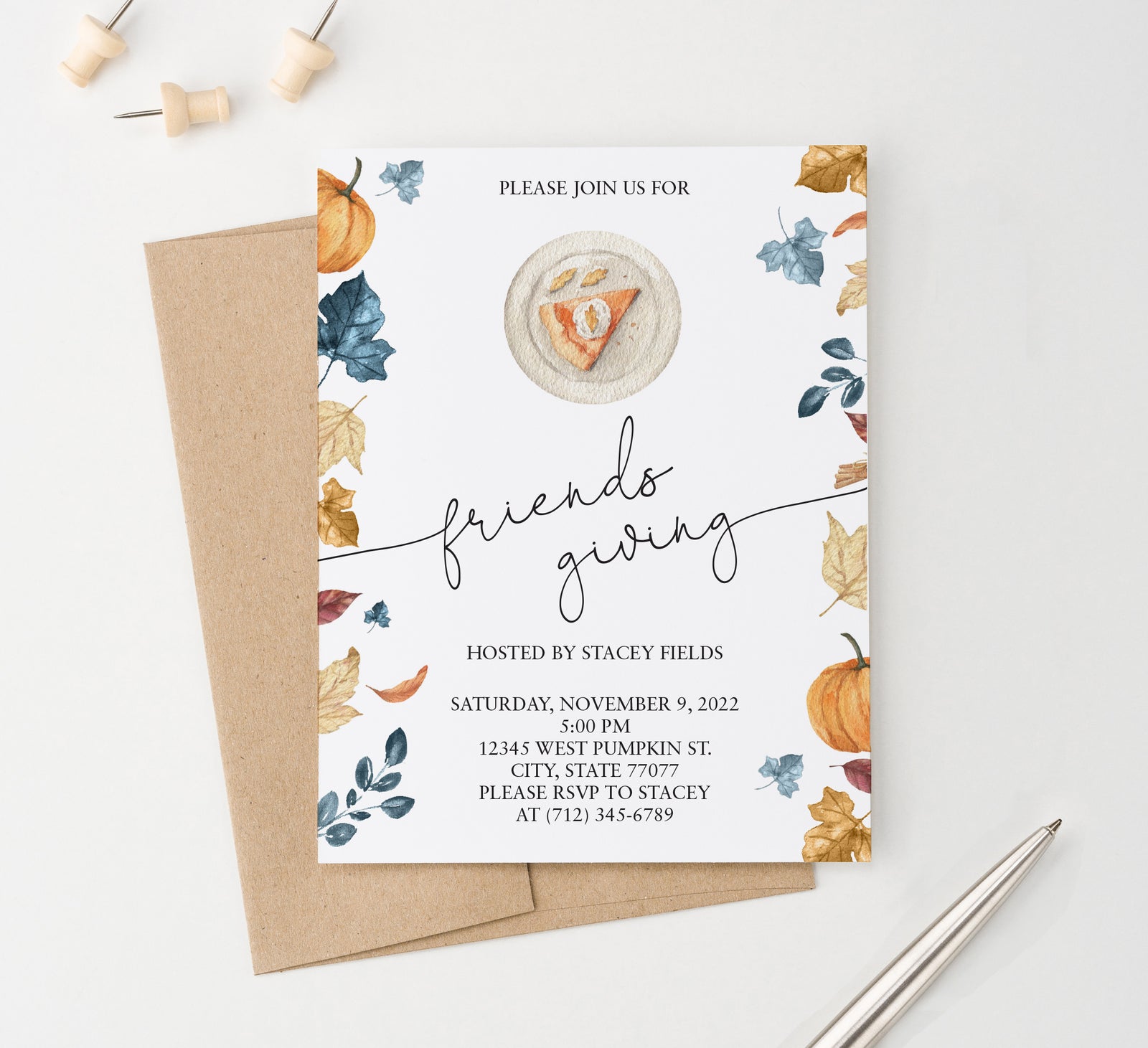 TGI001 Personalized Pumpkin Friendsgiving Invite blue orange fall maple leaves thanksgiving