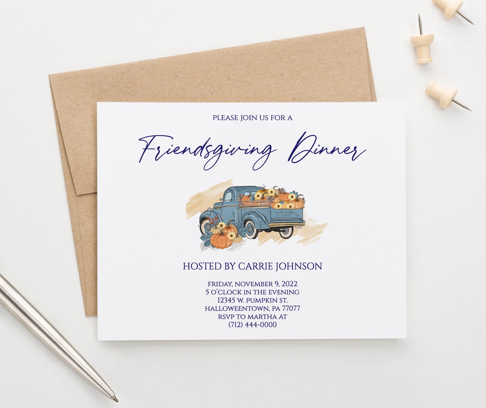 TGI002Personalized Thanksgiving Dinner Invitation with Pumpkins truck blue orange fall harvest friendsgiving