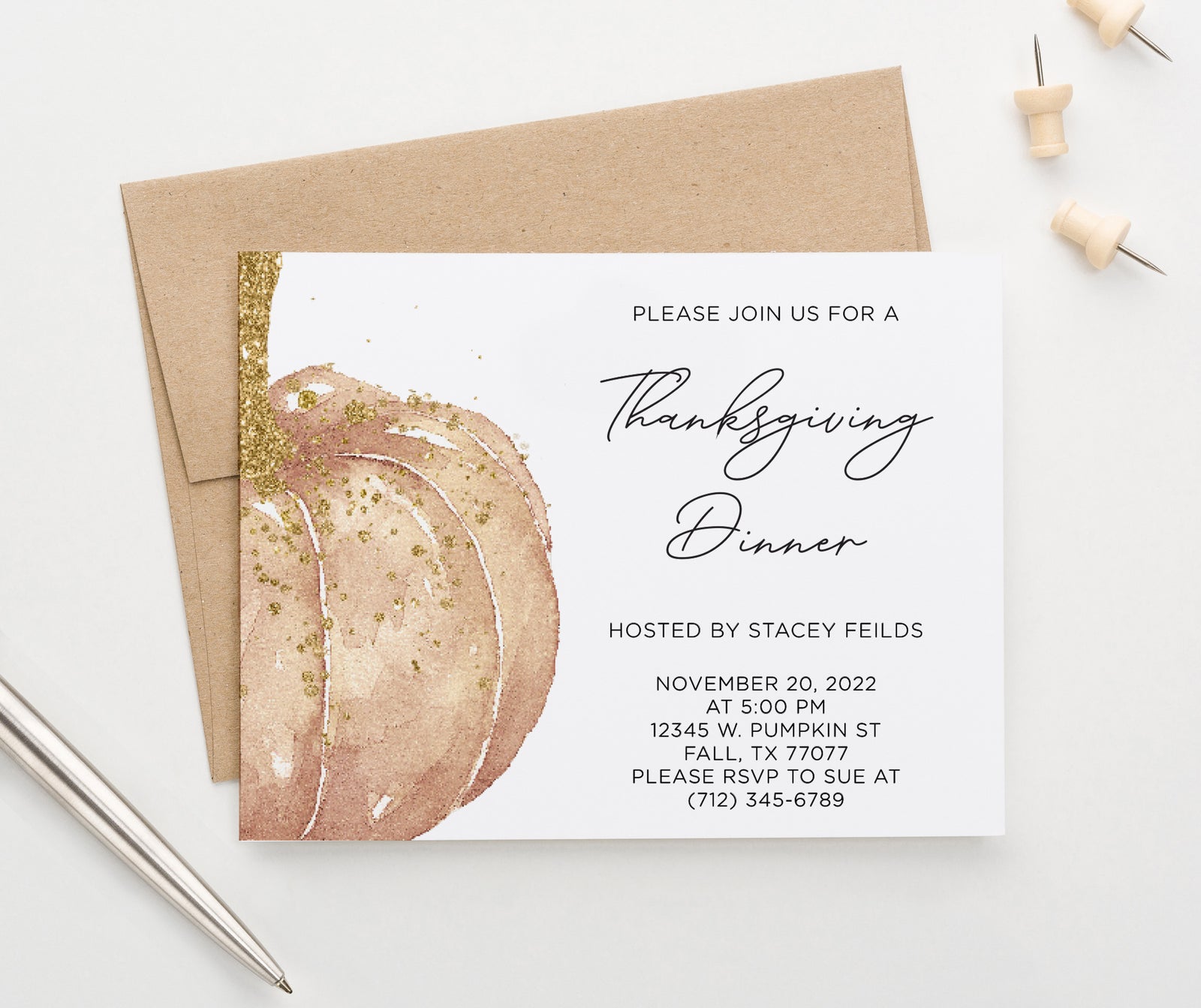 TGI004 glitter pumpkin Personalized Thanksgiving dinner Invites classic modern fall friendsgiving orange