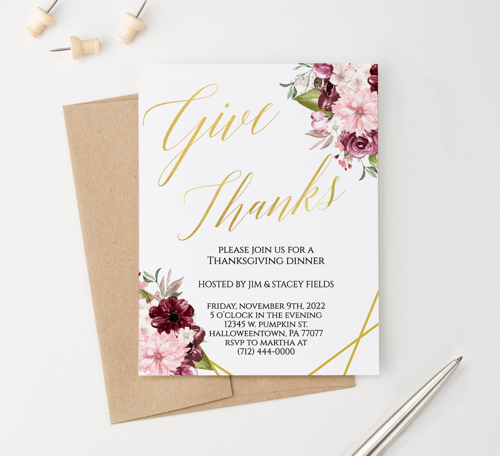 TGI005 Elegant Floral Thanksgiving Dinner  Invitation Personalized fall florals burgundy classy give thanks