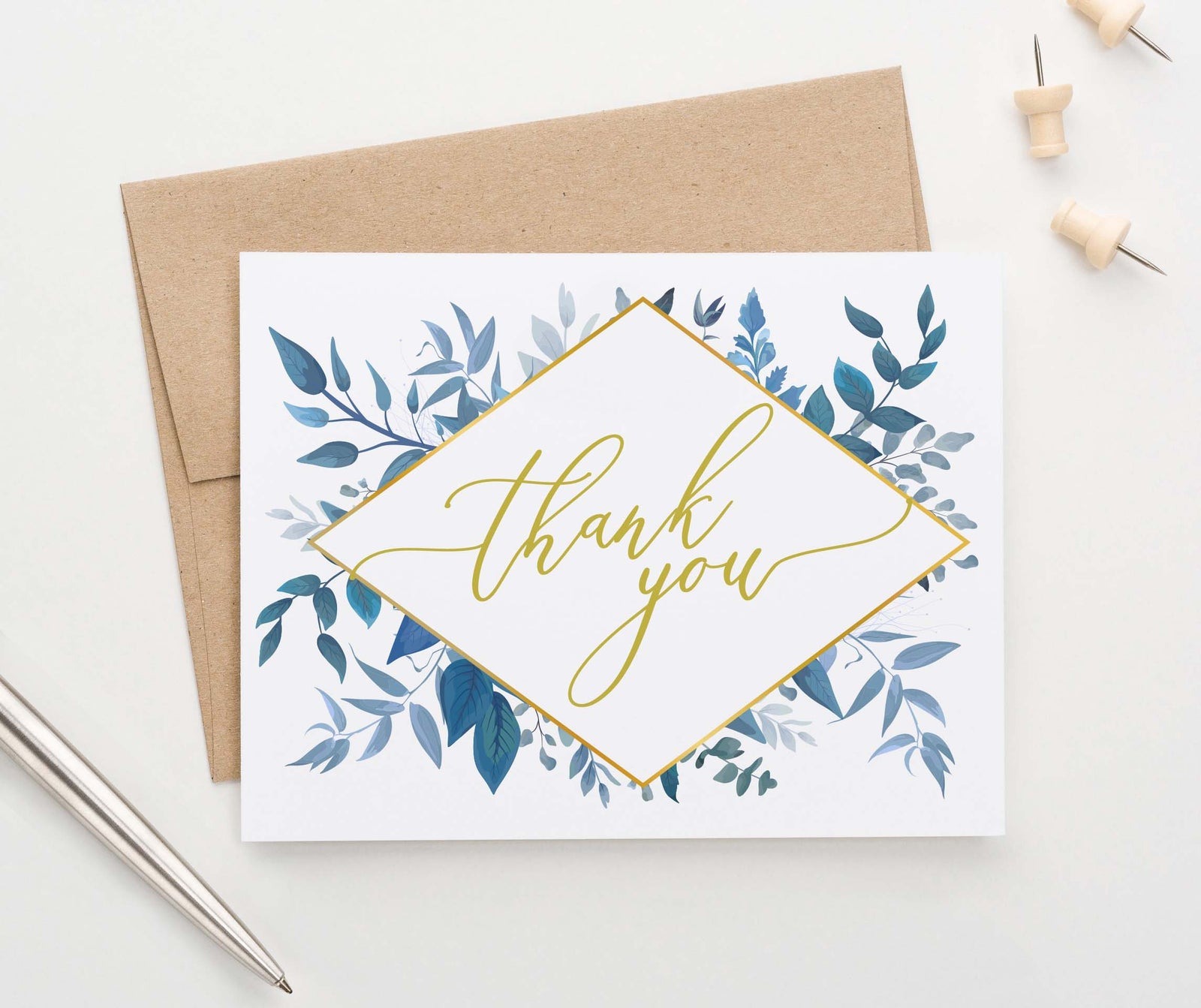 TY013 blue greenery folded thank you notes wedding women gold geometric